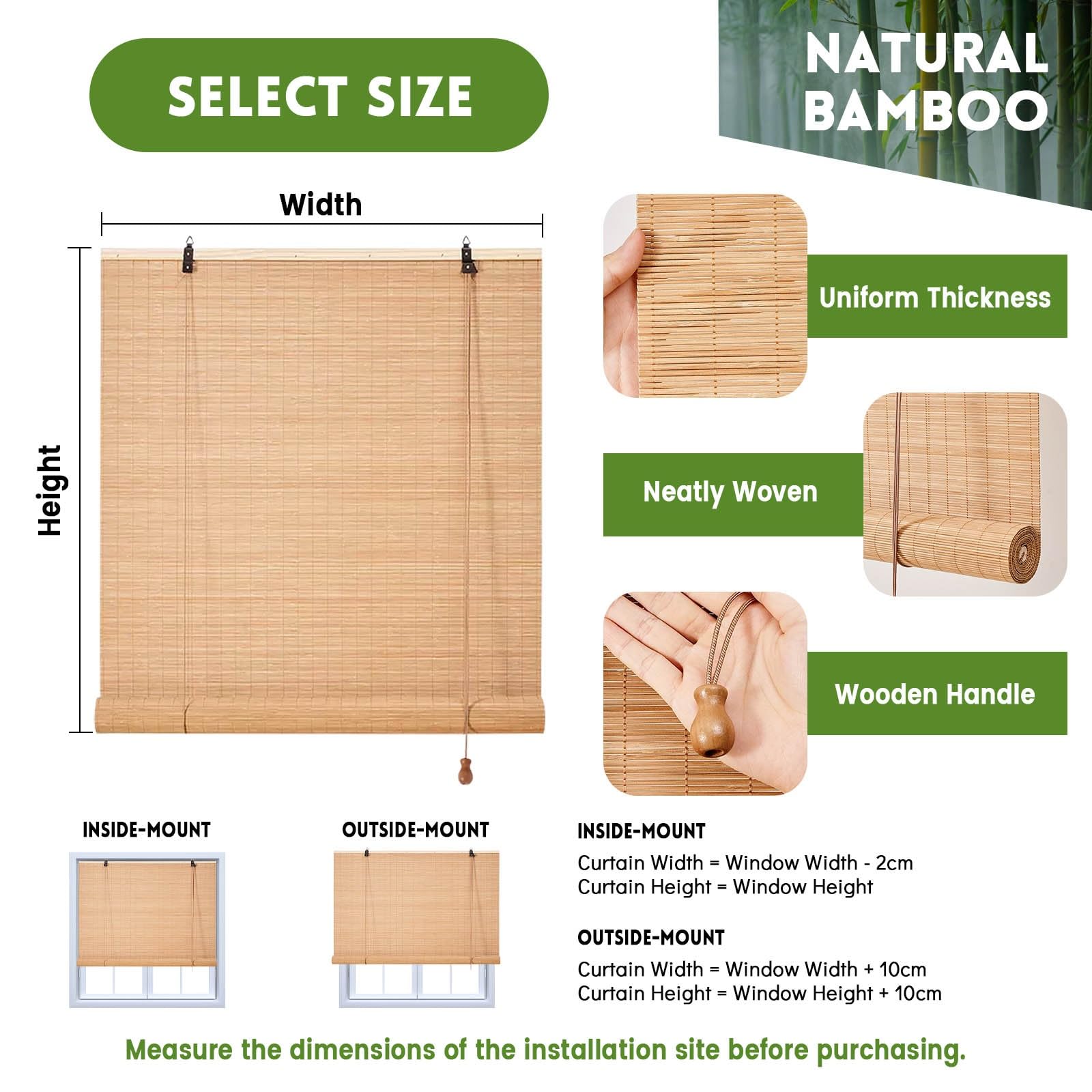 Store Bambou Exterieur Intérieur 70% Occultant 45-180cm Store Enrouleur Roseau Naturel Anti-UV Stores Vénitien en Bois pour Patio/Porche/Jardin Stores Romains Faciles à Installer(W150xH150cm)