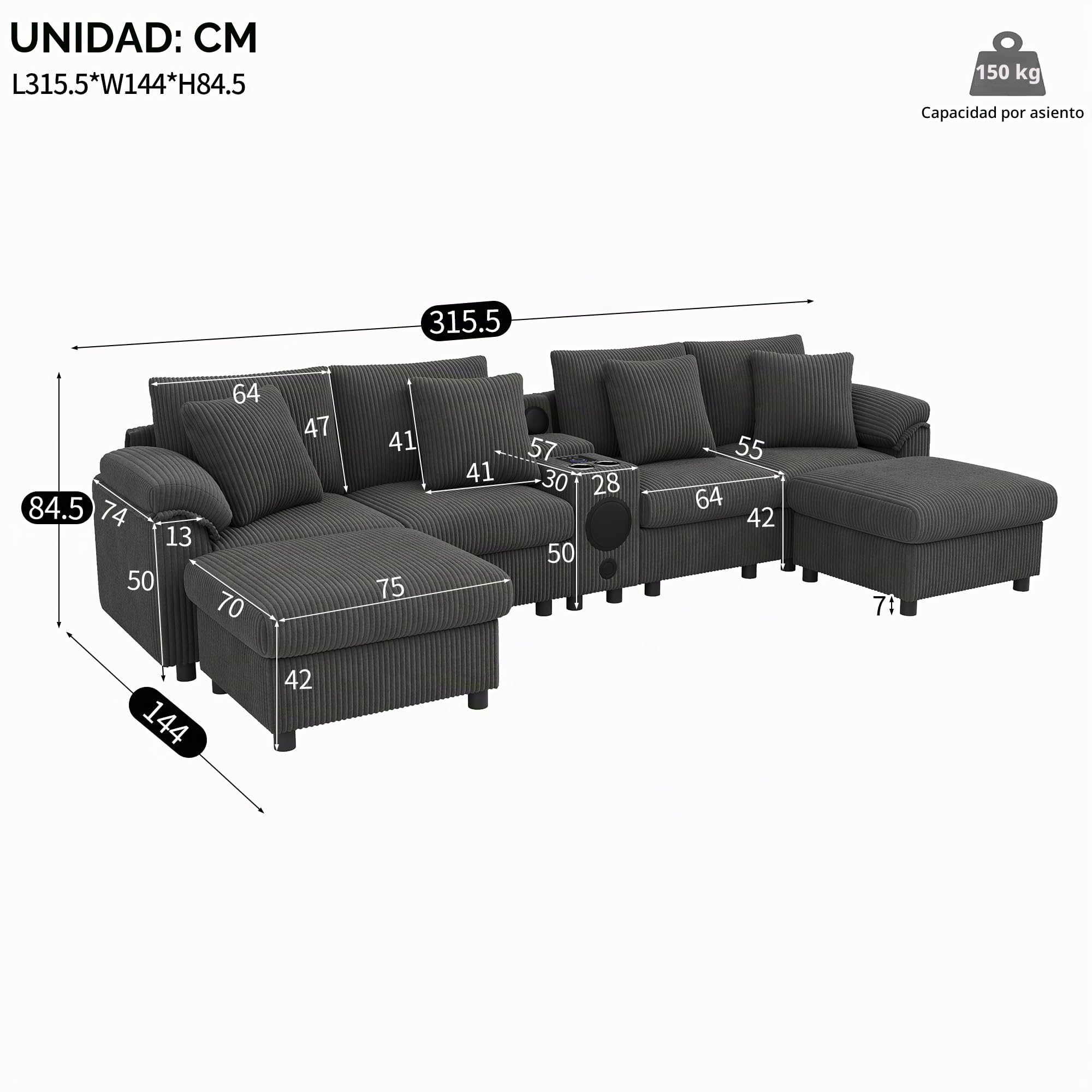 Sofá Convertible de 4 plazas en U con USB C (carga inalámbrica) y altavoz Bluetooth, sofá esquinero de pana con 2 reposapiés y 2 portavasos, sofá modular al salón Appt, gris