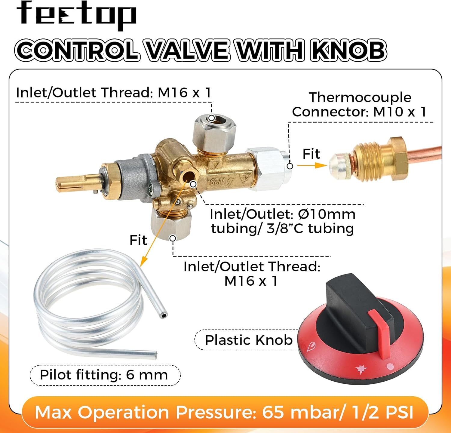 LP Gas Safety Control Valve Kit with 3 Way Pilot Burner & 0.9 Meters M10x1 Thermocouple & Piezo Igniter with Knob Kit, Fit for Pizza Oven, Fireplace, Range Oven, Fire Pit