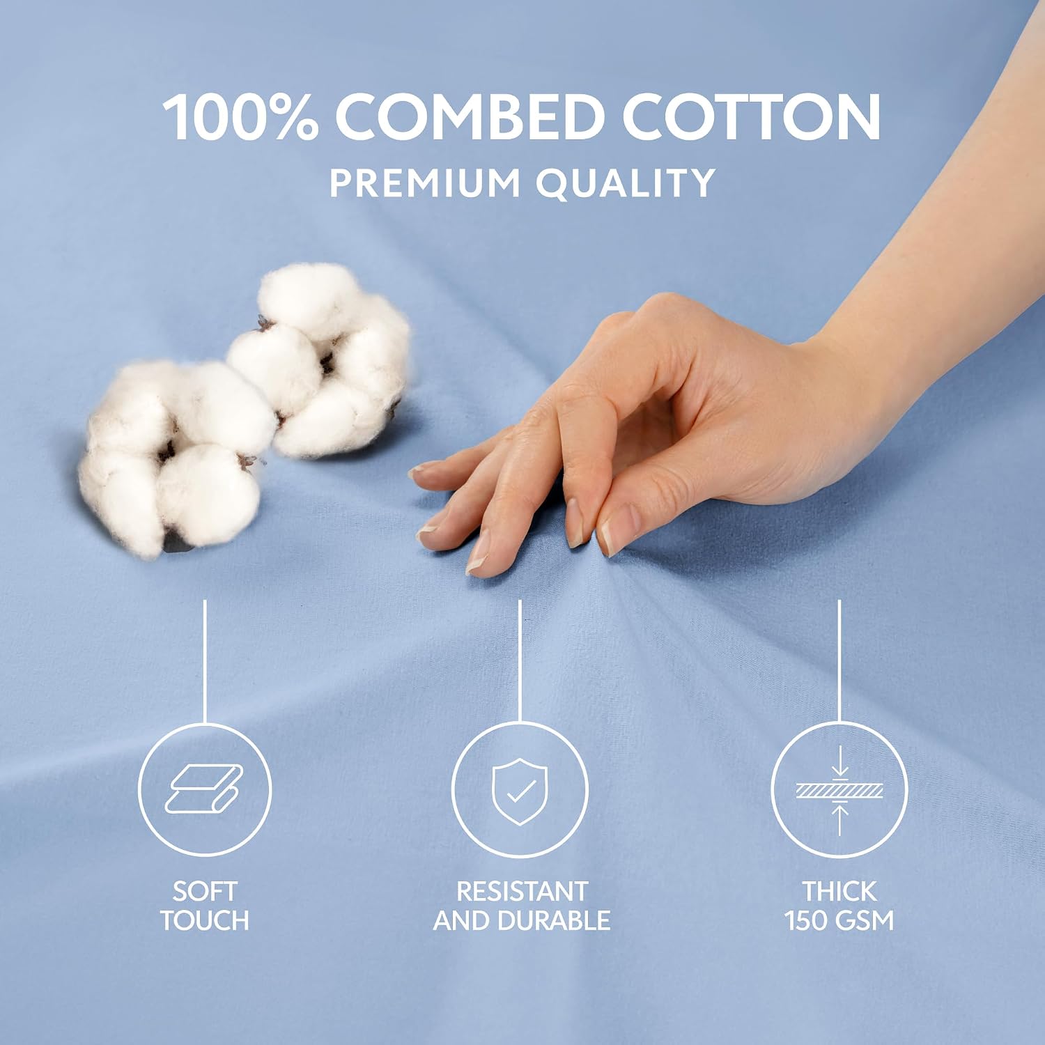 Infographic highlighting features of Dreamzie 100% combed cotton: soft touch, resistant and durable, thick 150 GSM.