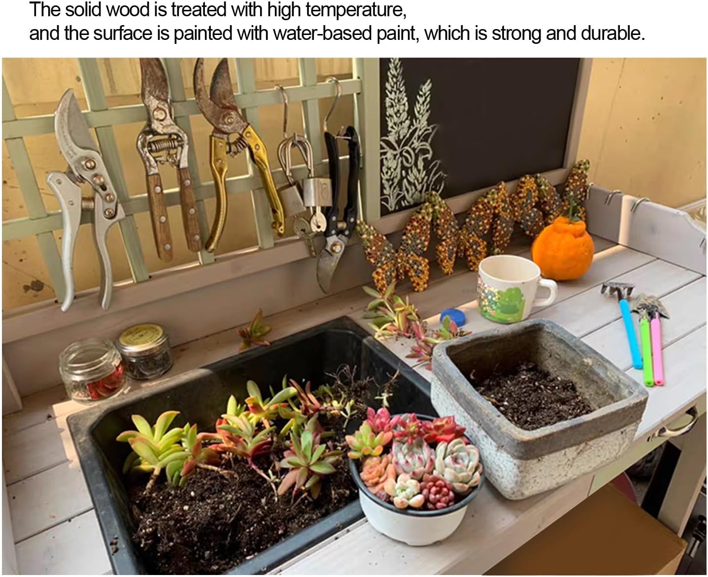 Outdoors Potting Benches Table，Wooden Potting Bench Work Table，with Storage Shelf,Planting Trough,Drawer,Hooks,Wooden Workstation Table(92 * 45 * 120cm/36.2 * 17.7 * 47.2in)