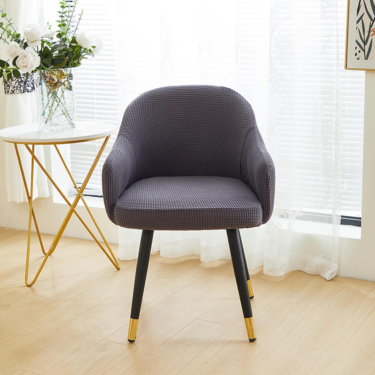 Stretch Curved Back Dining Chair Covers with Armrest, Accent Dining Chairs Covers Slipcovers with Arms, Swivel Armchair Cover Protector, Vanity Office Desk Seat Covers for Chairs