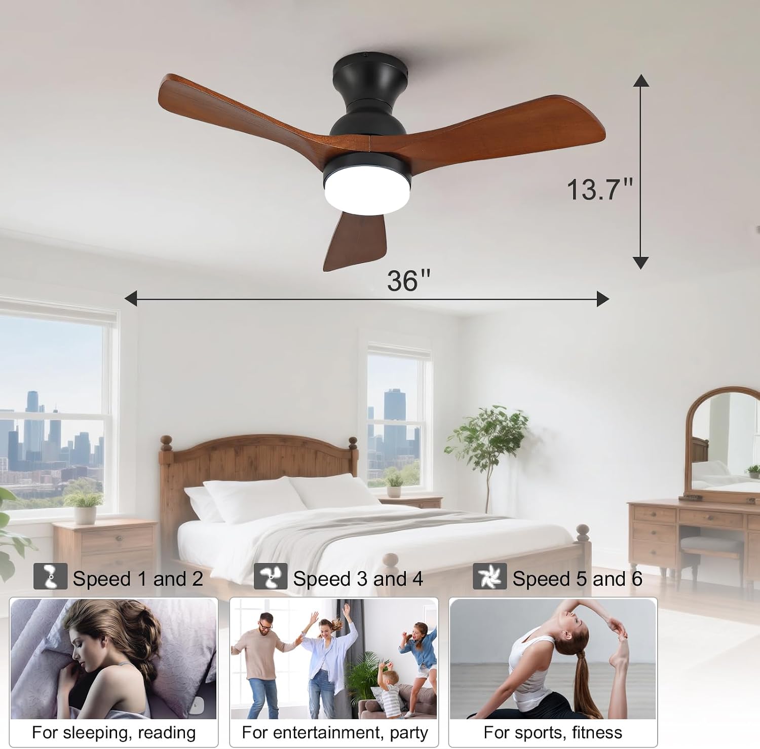 36 Inch Flush MountCeiling Fan with Light and Remote, Dimmable LED Light, Quiet DC Motor Low Profile Ceiling Fan, Wood Hugger Ceiling Fans with Lights, Indoor Outdoor Black