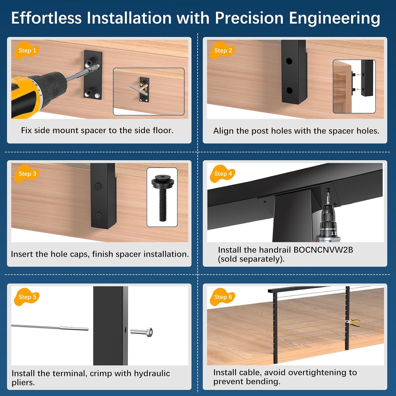 36" Side Mount Cable Railing Post, Level Drilled Space-Saving Side Mount Post System, Stainless Steel T304 Fascia Mount Handrail Post, Heavy-Duty Cable Railing Kit Indoor Outdoor Deck Post