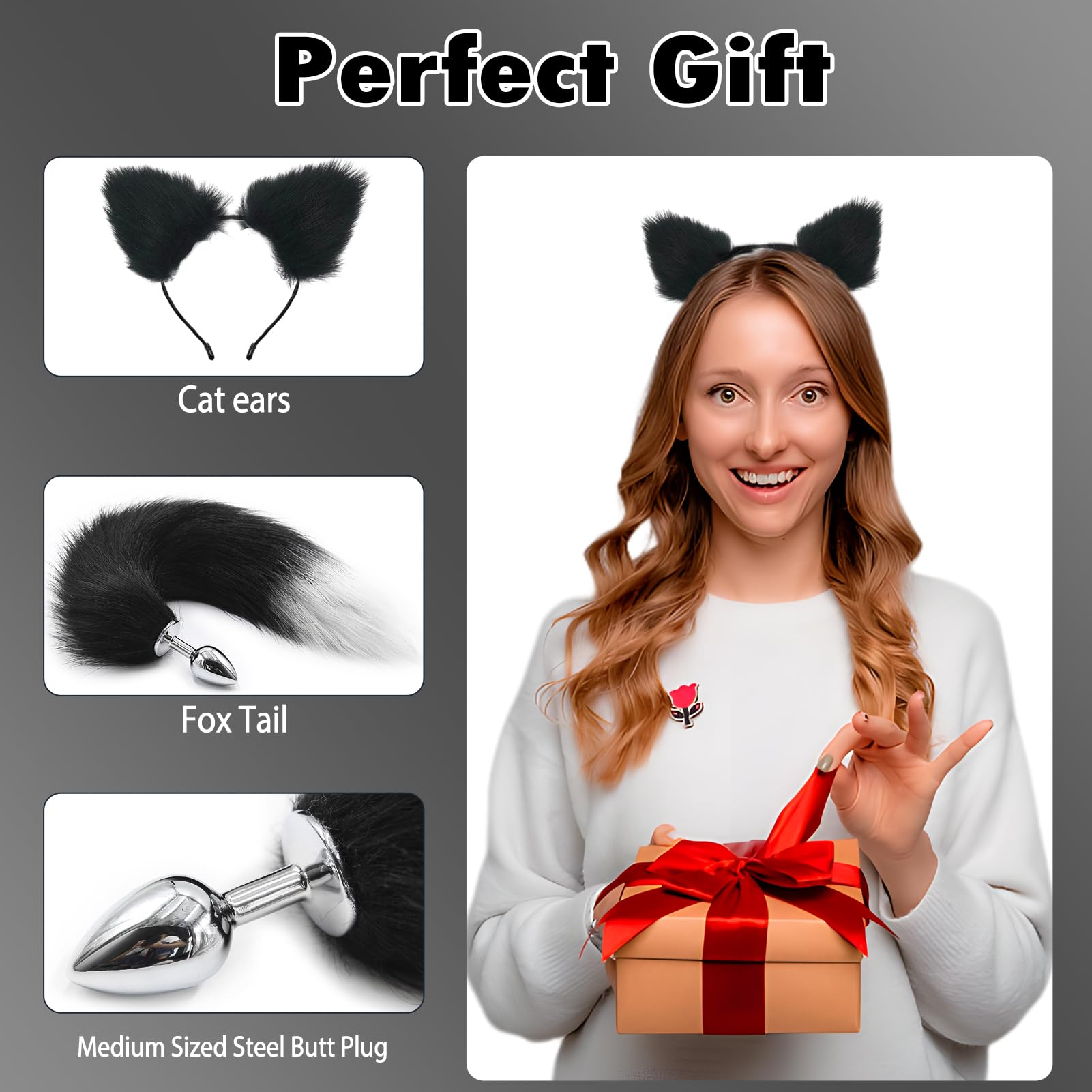 Stainless Steel Anal Butt Plug with Faux Silver Fox Tail and Ear-Anal Stopper Tail Sex Toy for SM Adult Games or Cosplay