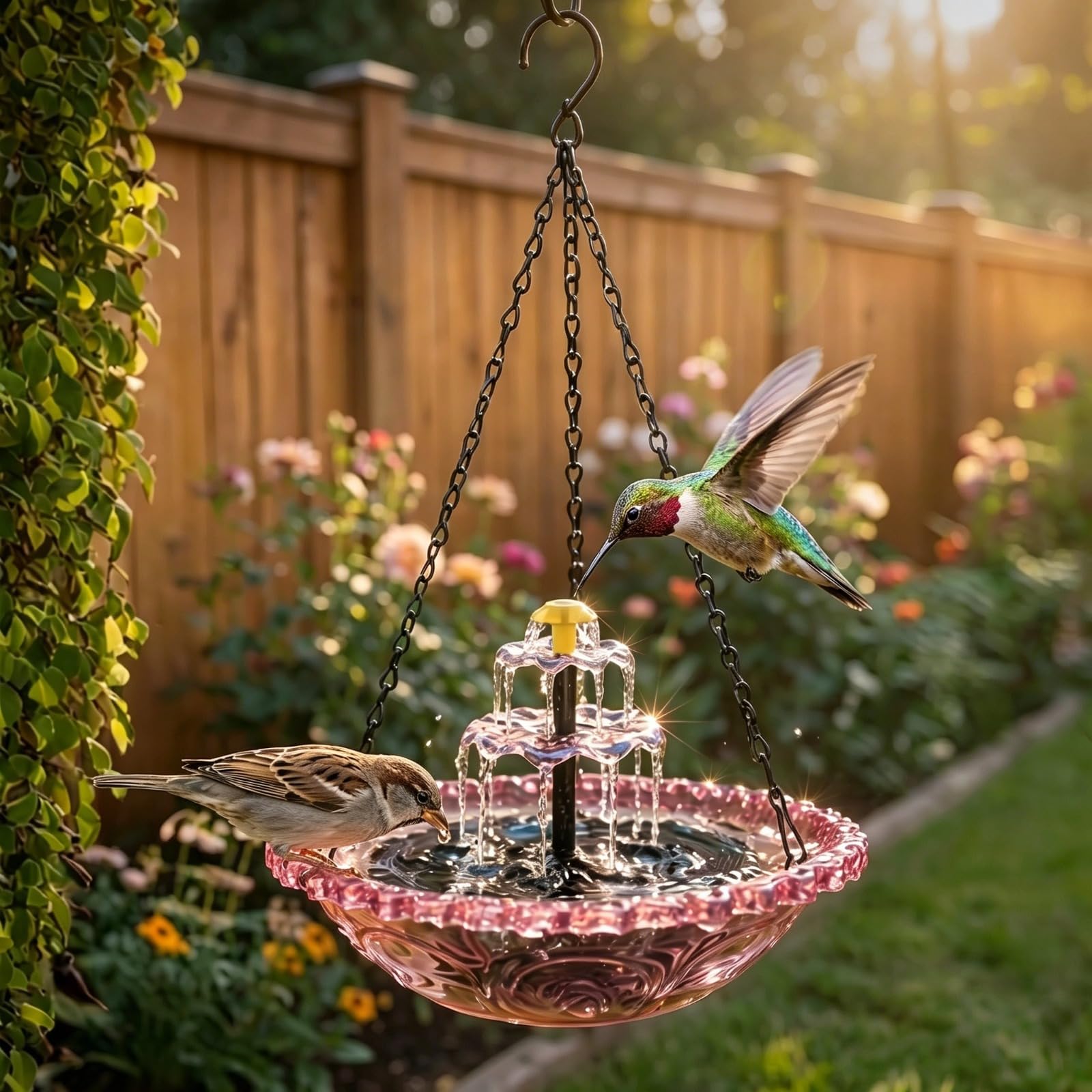 Solar Bird Bath Fountain Hanging Outdoor: 2-in-1 Solar Powered Waterfall & Bird Feeder - Large Weatherproof Water Feature for Outdoor, Gardens and Balcony Decoration (Purple)