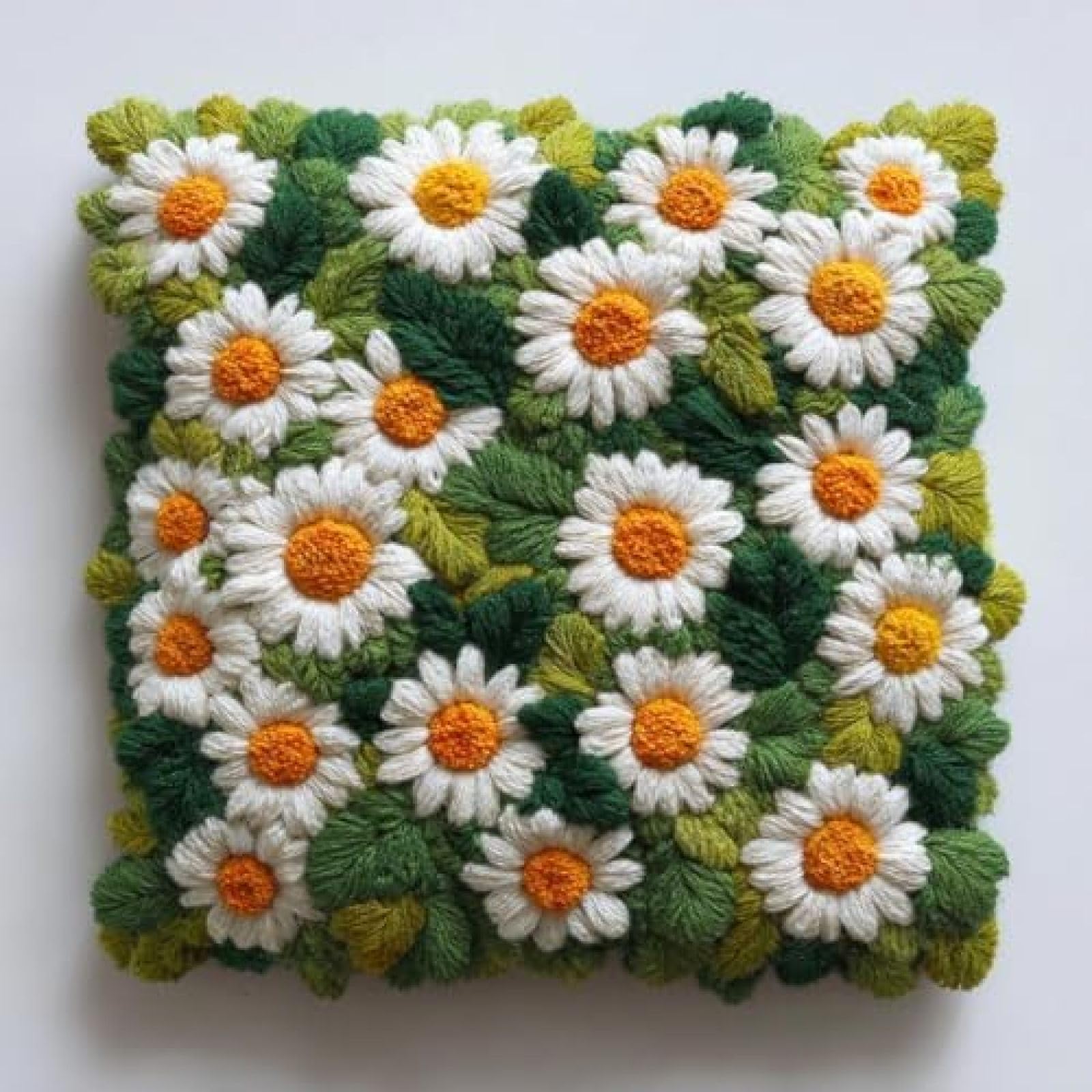 kitphoenix Latch Hook Kit for Adults Beginners,Chamomile Flowers and Green Leaves,DIY Cushion Cover Kit,Rug Hooking Craft Kit with Pre-Printed Canvas,Yarn and Hook,43x43 cm Pillow Cover
