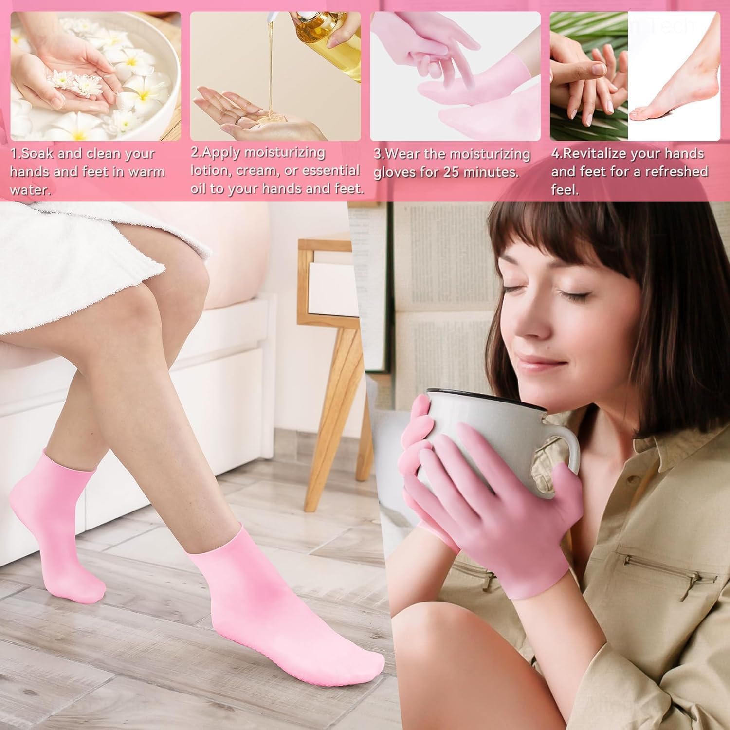 LANFFIA 2 Pairs Silicone Moisturizing Glove Socks Set, Anti Slip Soft Spa Gel Socks Softening Feet Dry Cracked Skin, Women Spa Pedicure Socks for Foot Hand Softening, Foot Care After Pedicure (Pink) - Image 6 thumbnail