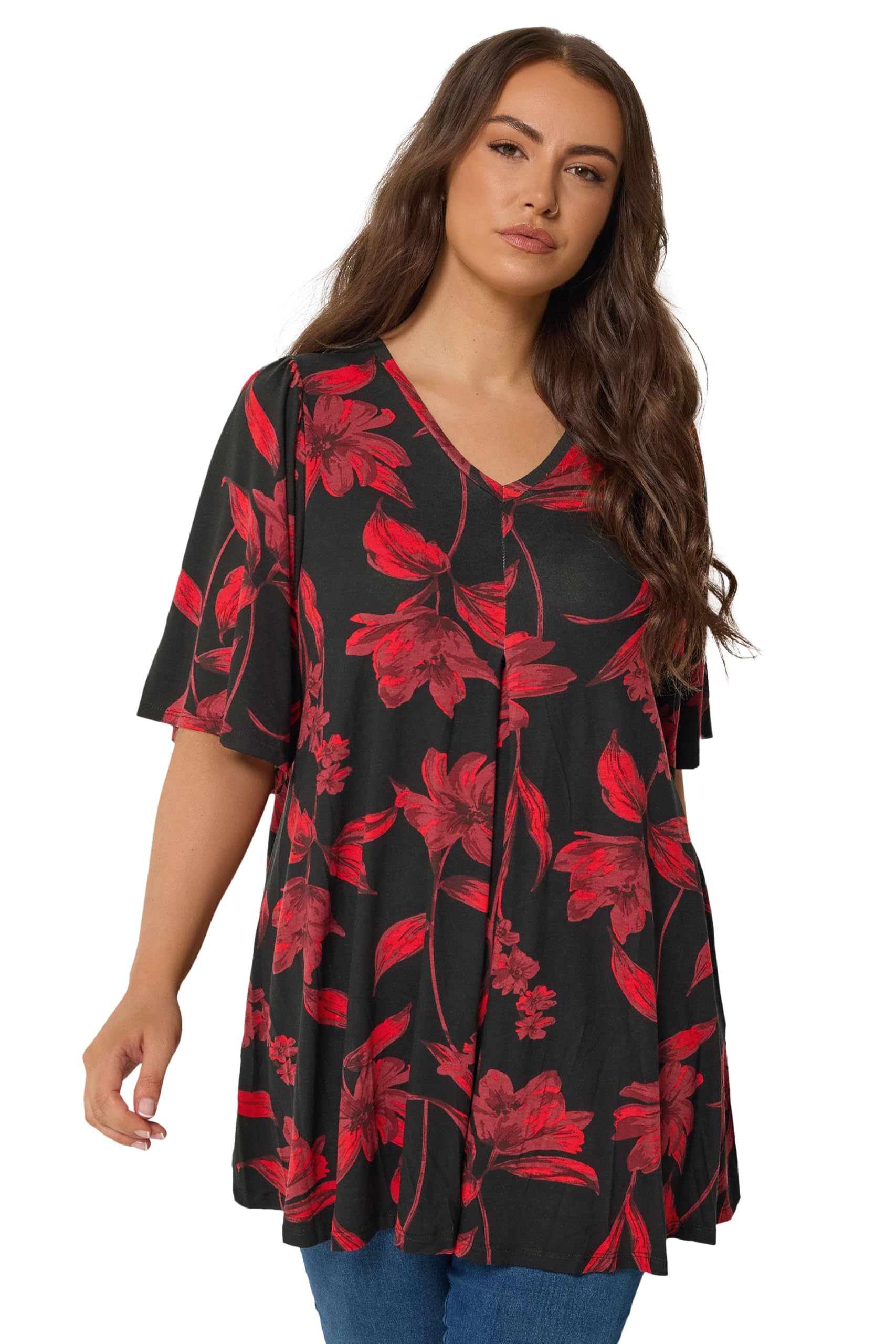 Yours Women's Black Curve Red Floral Pleat Front Top - Plus Size Curve