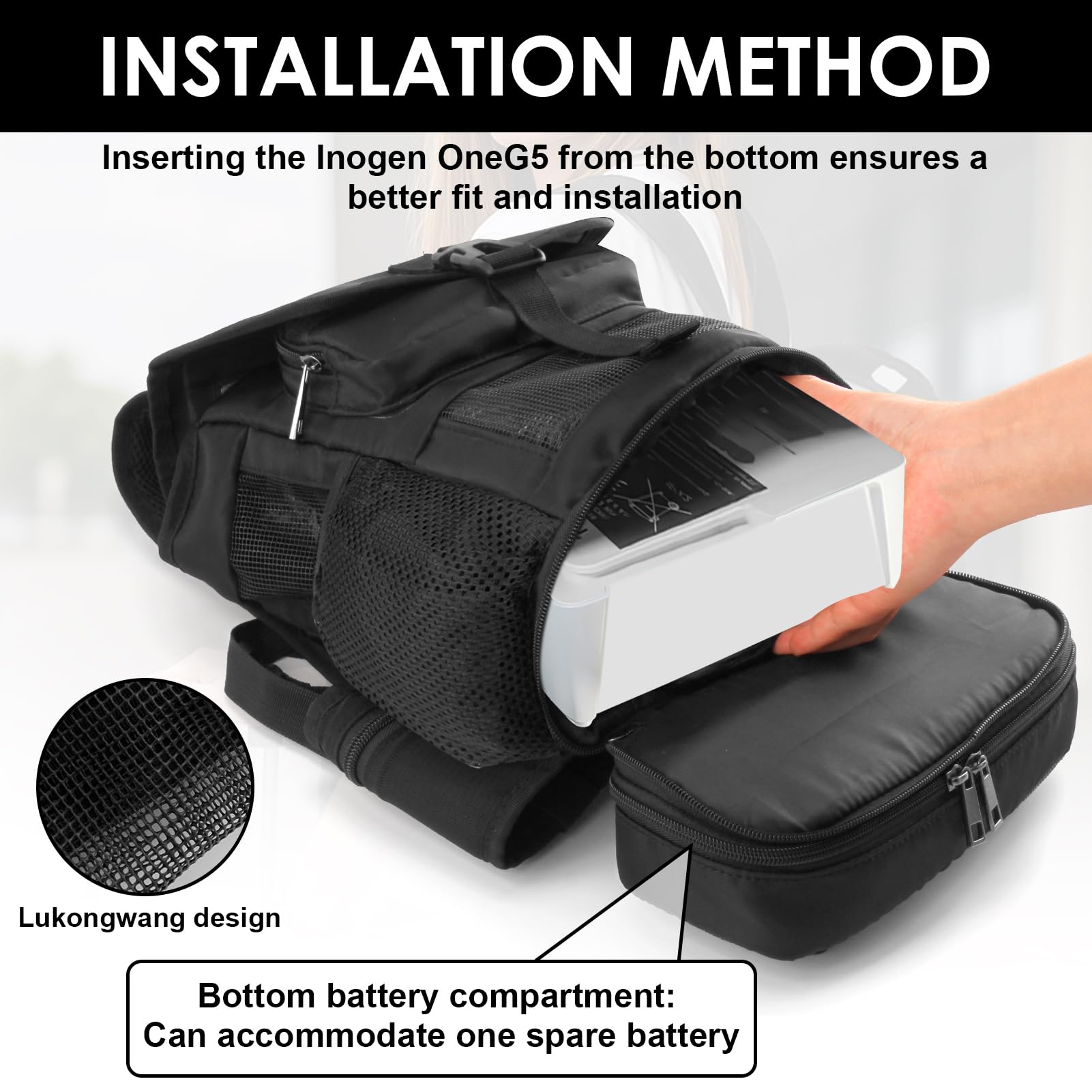 Mochila concentrador de oxígeno actualizada compatible con Inogen One G5 e Inogen Rove 6, dispositivo de oxígeno portátil ultra ligero portátil bolsa de malla para viajes al aire libre, Negro