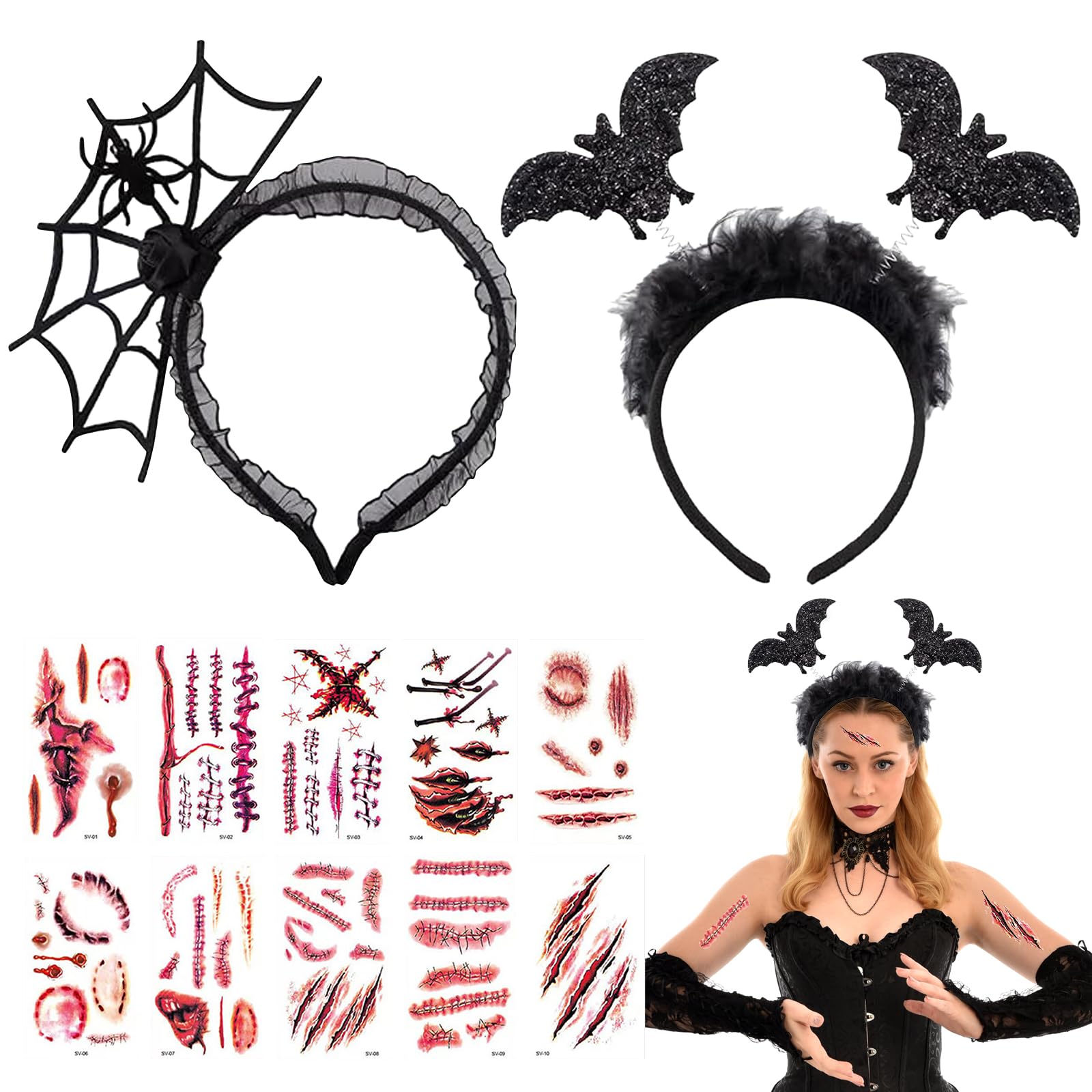 SUPRROW Pack of 2 Women's Halloween Headbands, Bat Headband with Halloween Stickers, Spider Hair Accessories, Halloween Hair Accessories for Prom, Carnival, Costume Party