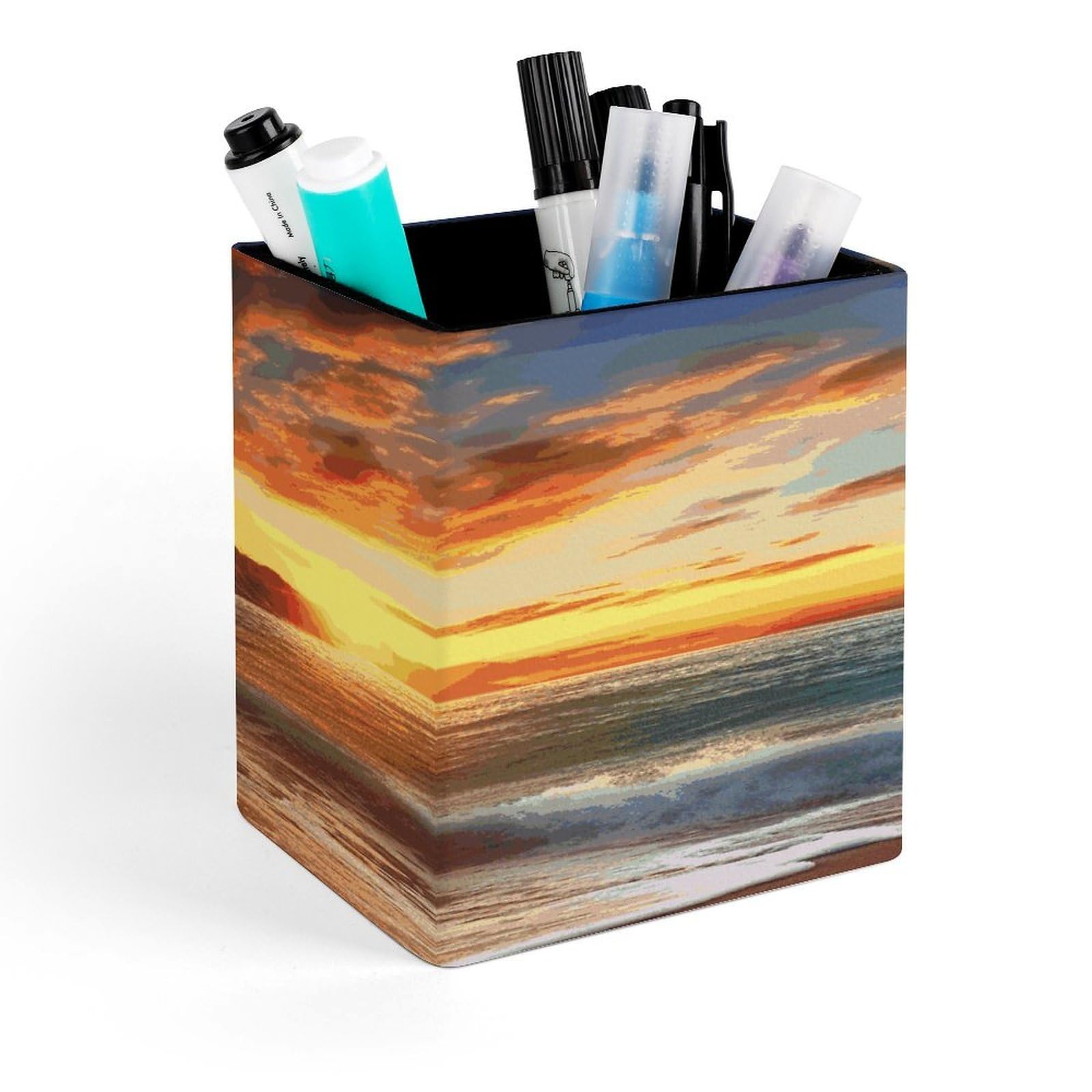JTREHY Pirate Ship in The Sunset Pen Holder Square Pen Pencil Holder Makeup Brush Holders Cup PU Leather Pencil Cups Desktop Caddy Stationery Organizer Case Office Accessories Container Box