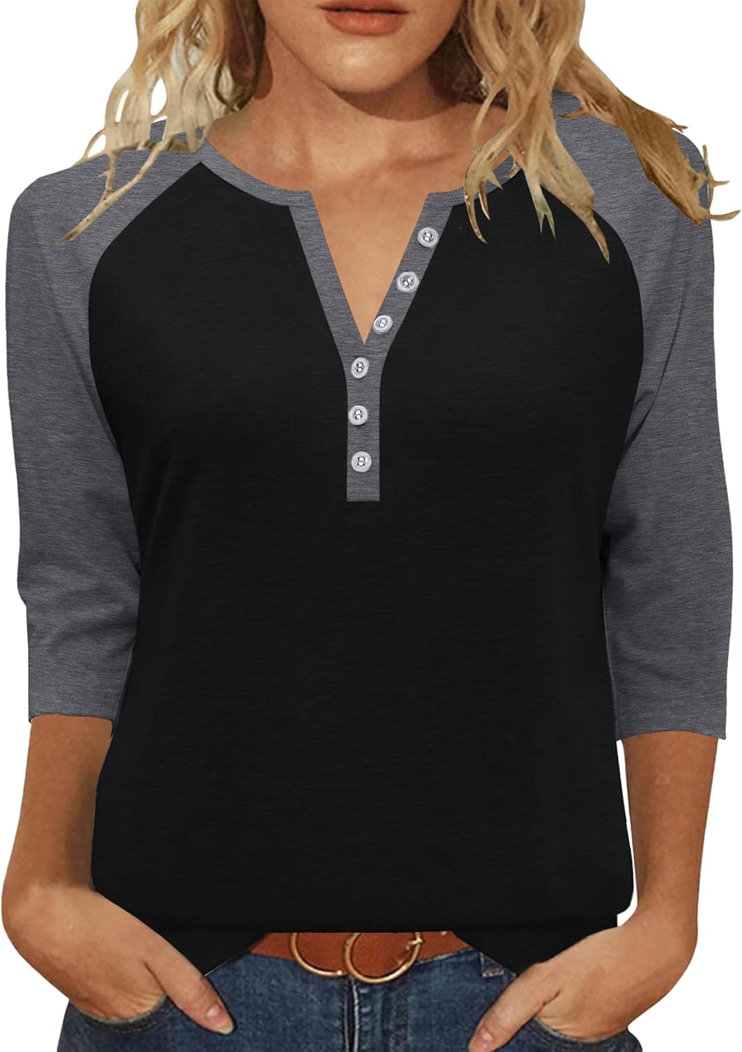 Heymiss Womens Summer Tops 3/4 Length Sleeve V Neck Casual Color Block Tunic Tops Dressy