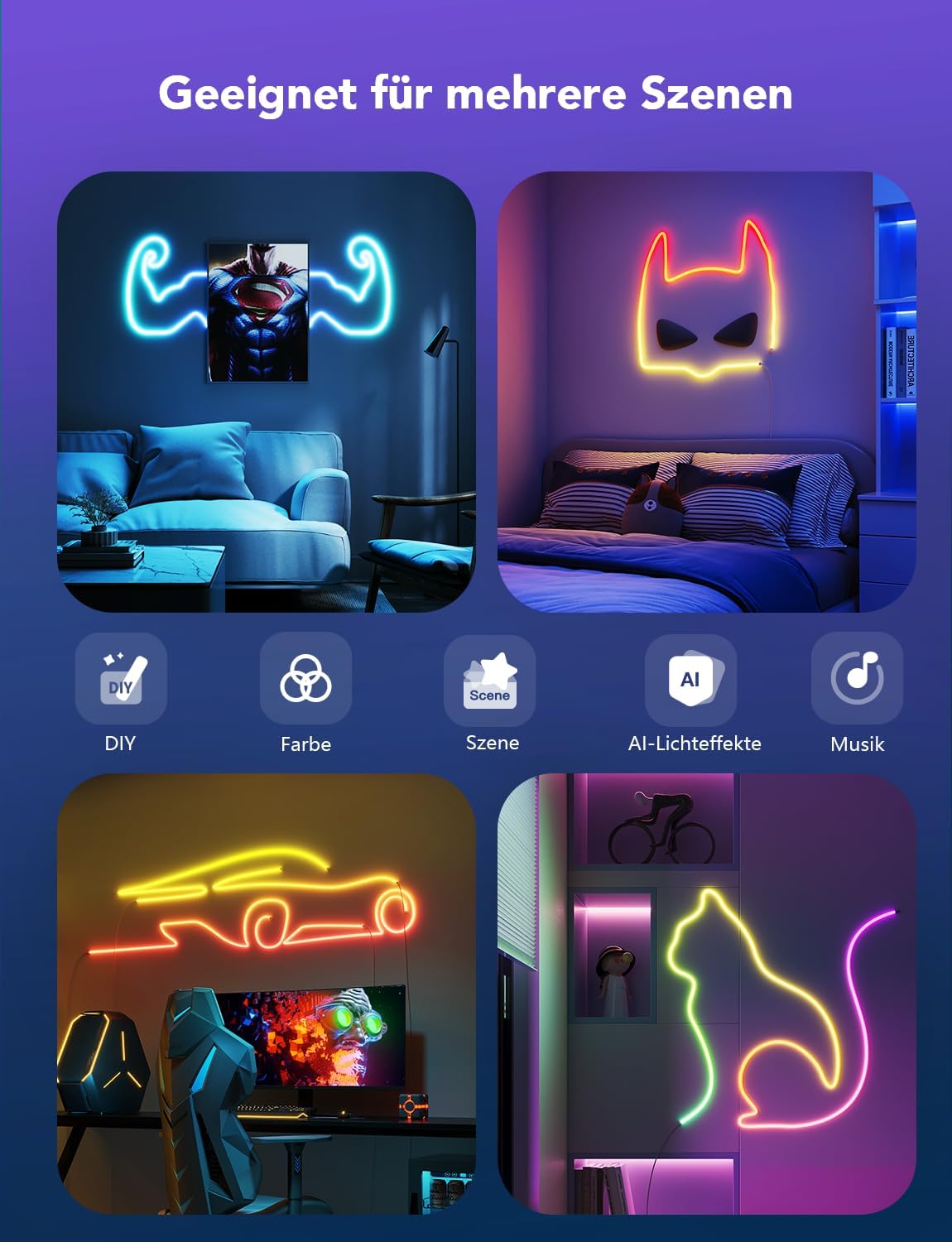Govee Neon Rope Light 2 RGBIC LED Strip 5m Form-Mapping DIY SmartThings Matter Alexa Google Assistant Weiß