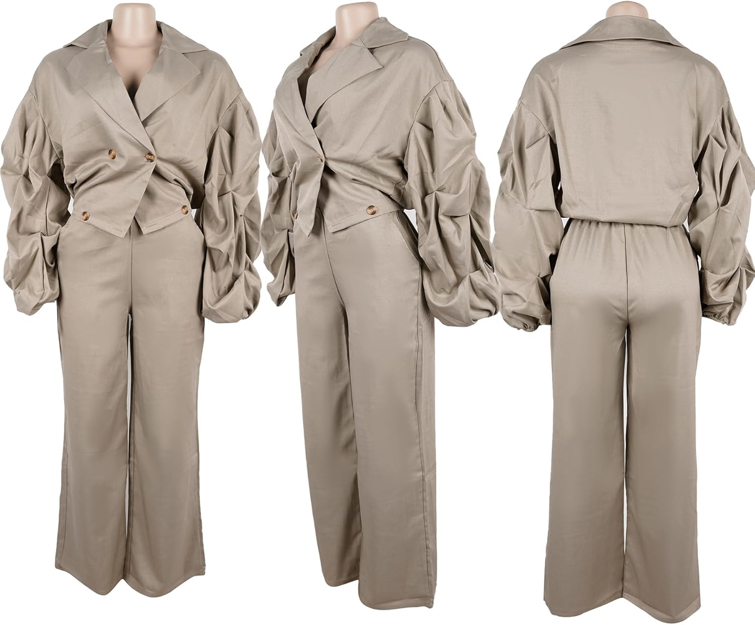 2 Piece Outfits for Women,Dressy Lantern Sleeve Jackets High Waisted Blazer Pants Set for Work Business - Image 6