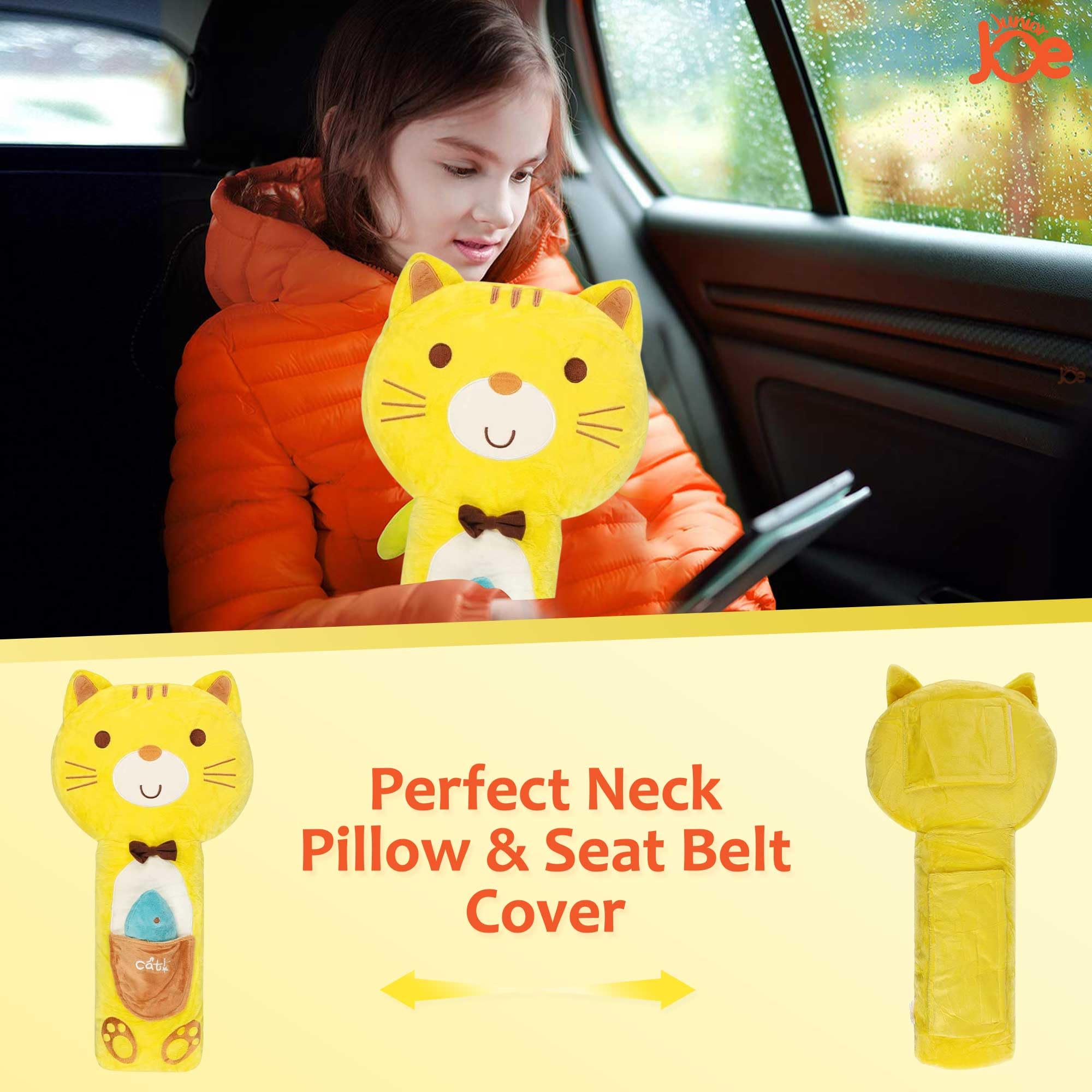 JUNIOR JOE Soft Velvet Car Seat Belt Pillow For Kids|Travel Neck Pillow With Cushion|Cute Cartoon Vehicle Shoulder Pads For Children|(Style-4),1 Count,Yellow 4