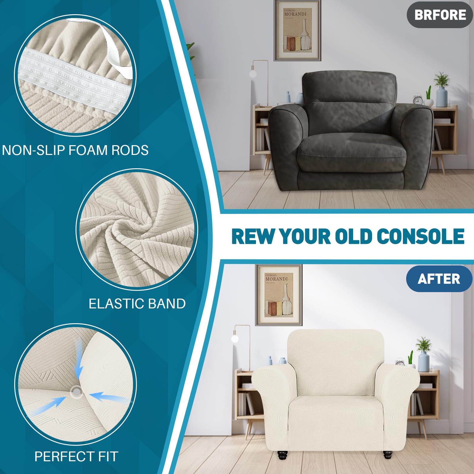 YSTELLAA Copridivano 3 Posti Con Braccioli, Copri Divano Antigraffio Gatto Cani, Copridivani Elasticizzati, Universale Fodera Divano Moderno, Sofa Cover Antiscivolo Antimacchia, Bianco Crema