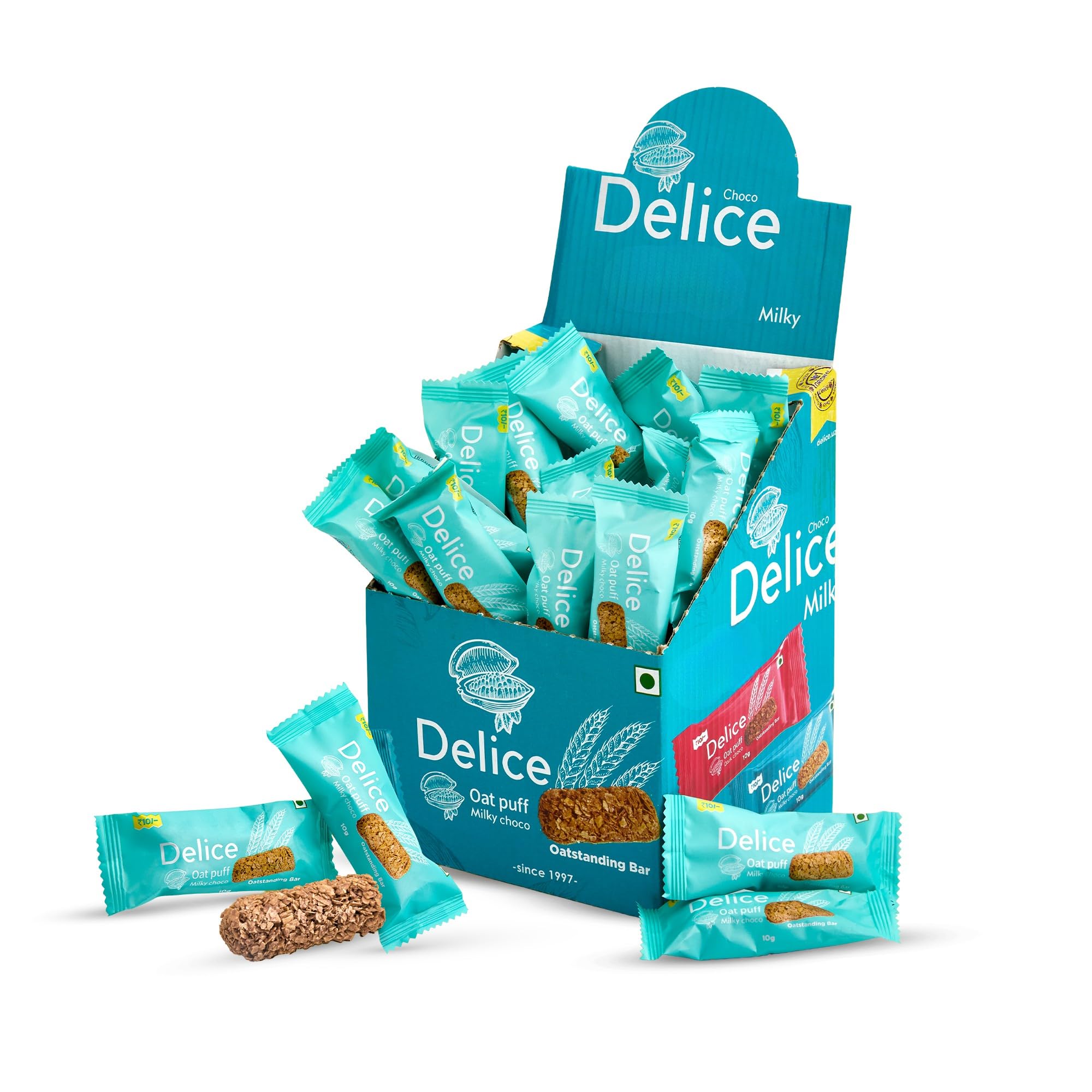 Delice Chocolate Bars | Pack of 20 | Super Crunchy Texture | Classic Chocolate Flavor | Made with Whole Wheat & Oats | Healthy & Nutritious Mini Oat Puff Bars | Perfect On-the-Go Treats-image-0