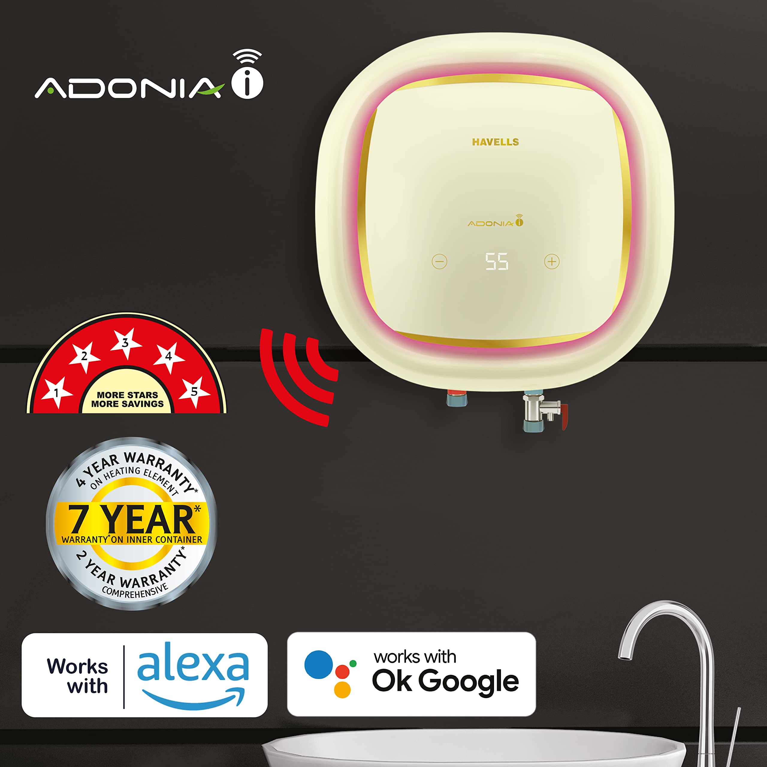 Buy Havells Adonia i 25 Litre Smart Storage Water Heater with Alexa u0026  Google Assistant enabled, IoT and iOS with mobile phones, wifi enabled and  remote controlled (Ivory) Online at Low Prices