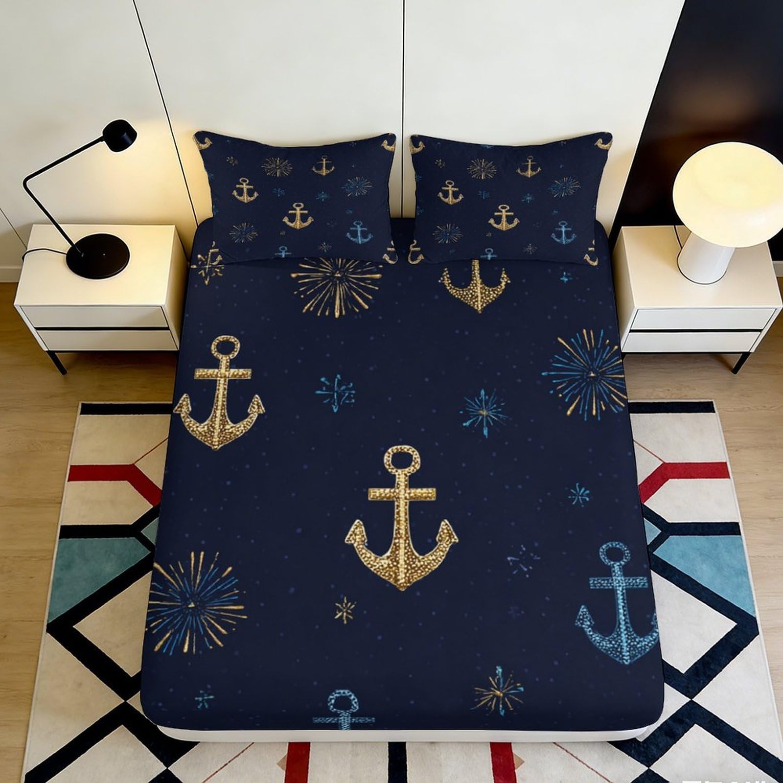 3D Printed Navy Anchor Fitted Sheet Microfiber Soft Breathable Nautical Compass Mattress Cover for Bedroom Dorm Decor 90x200x25cm