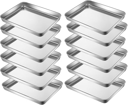 Little Serving Trays Stainless Steel 304 in Bulk Small Cookie Baking Sheet Pans 10.4 x8.1 x1.1Inch Diagonal 12.3 Reheat Food Small Items No Rust Dishwasher Safe Bakeware for 2 Person 12 Pack