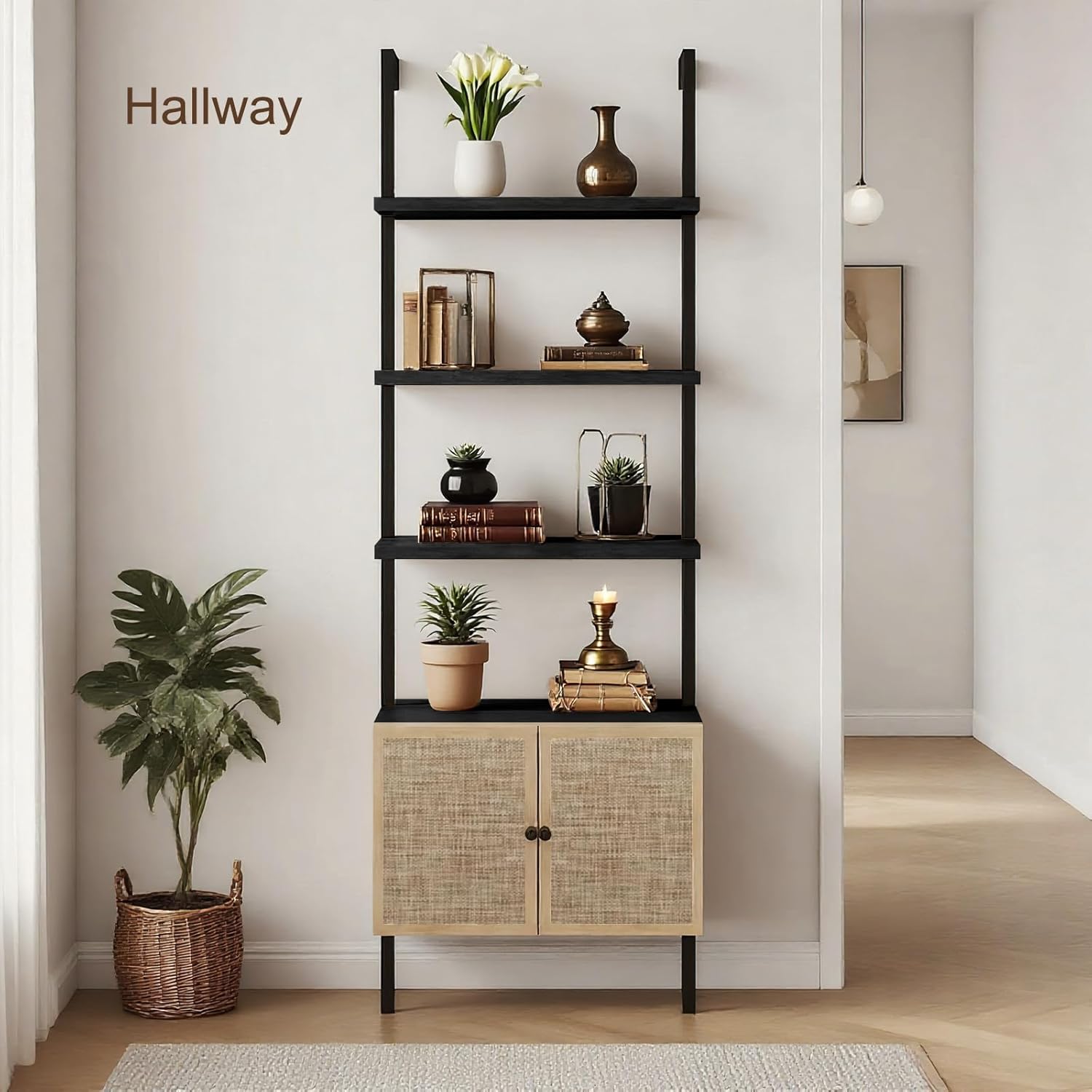 Rattan Bookcase, 6 Tier Ladder Bookshelf with Rattan Cabinet, Wall Mount Tall Bookshelves and Bookcases with Metal Storage Shelves Display for Living Room Bedroom Home Office, Black
