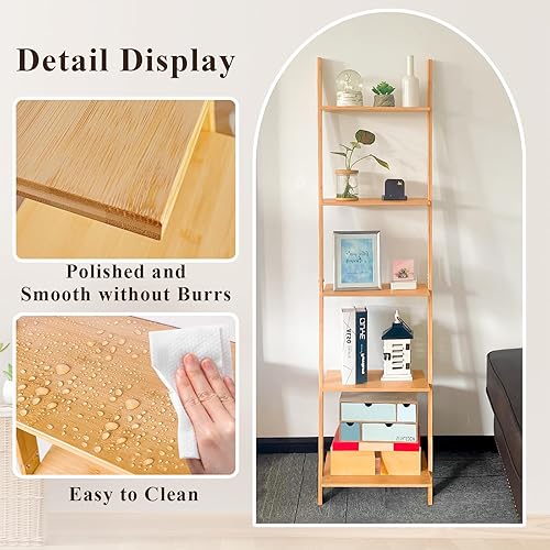 Miniatura 5 de HYNAWIN Estantería con escalera, estante de almacenamiento de bambú de 5 niveles, estante inclinado de pared, soporte para plantas independiente,