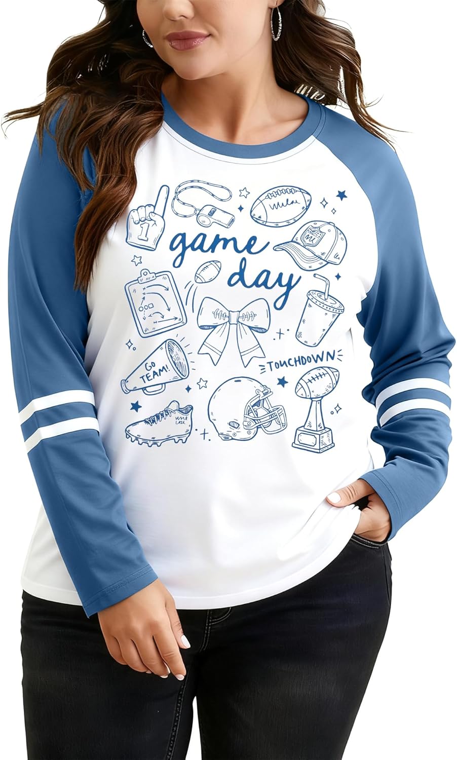Plus Size Football Shirts Women Game Day Graphic Long Sleeve Shirt Sunday Funday T-Shirts Casual Football Fan Tee Top