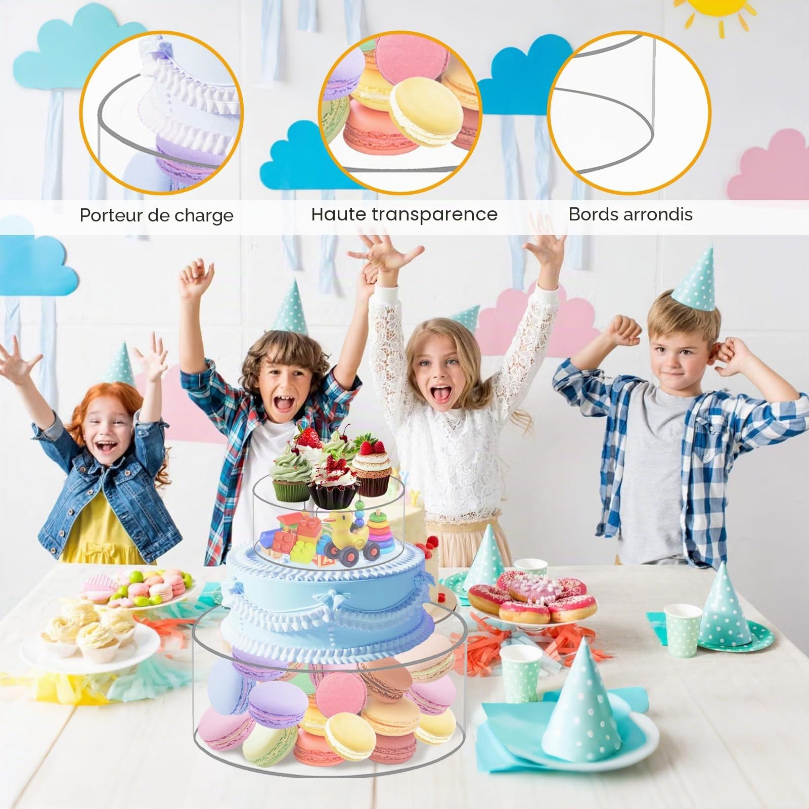 Présentoir à Gâteau,3 Pièces Planches Gâteaux en Acrylique pour Table à Dessert Cupcakes Fleurs,Cylindre Transparent Remplissable Rond avec LED Décoratif pour Anniversaire,Mariage et Fête