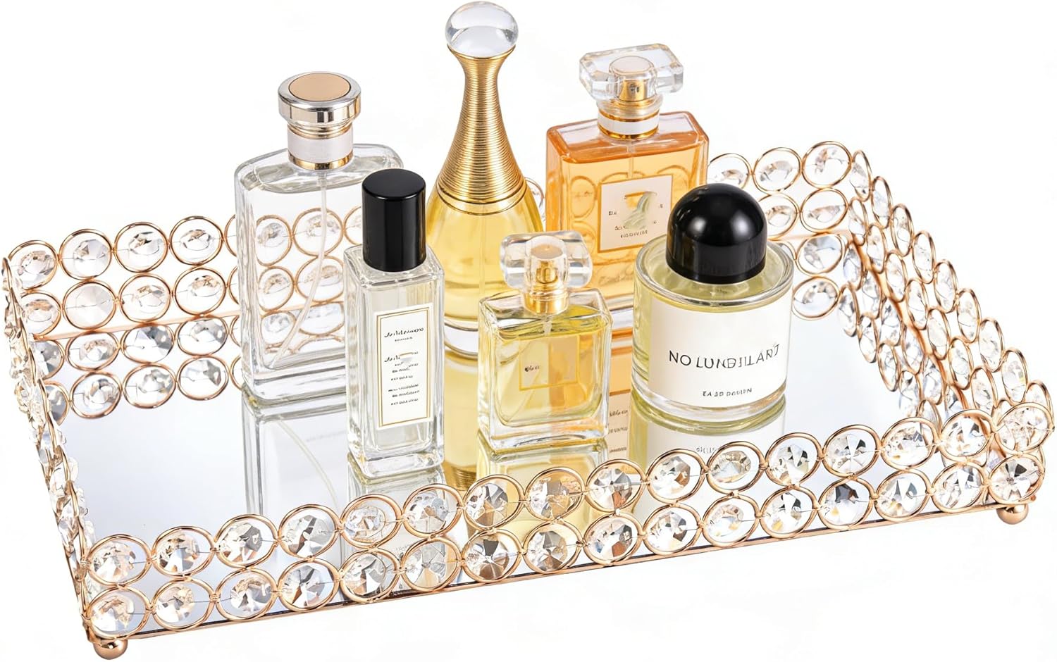 Feyarl Crystal Perfume Fragrance Tray Cosmetic Makeup Vanity Tray Jewelry Trinket Ring Earring Display Organizer Decorative Skin Care Storage for Home Dresser Countertop(13.7 x 7.87 inch)