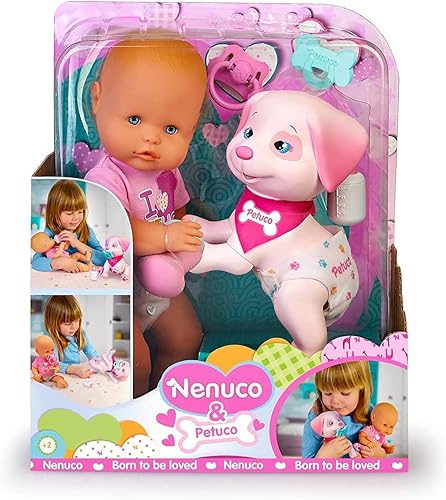 Nenuco & Petuco Baby Doll con cachorro de compañía, accesorios para bebé y cachorro, muñeca de 14 pulgadas