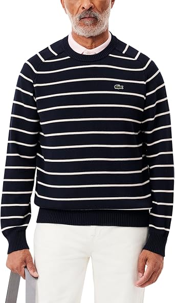 Lacoste Mens Striped 3D Knit Cotton Crew Neck Sweater