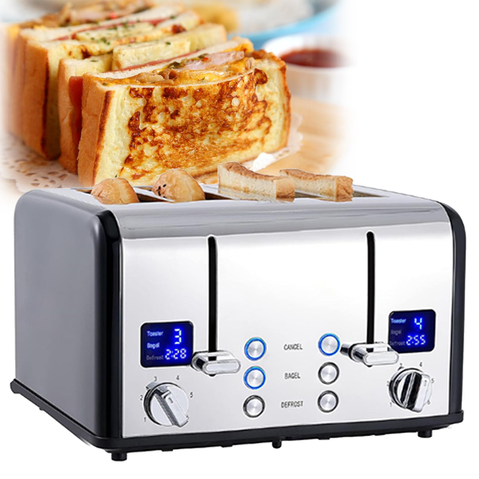Tostapane In Acciaio Inox, Timer Per Il Conto Alla Rovescia, Funzioni Bagel/Scongelamento/Riscaldamento/Annullamento, Griglia Scaldavivande, Vassoio Rimovibile