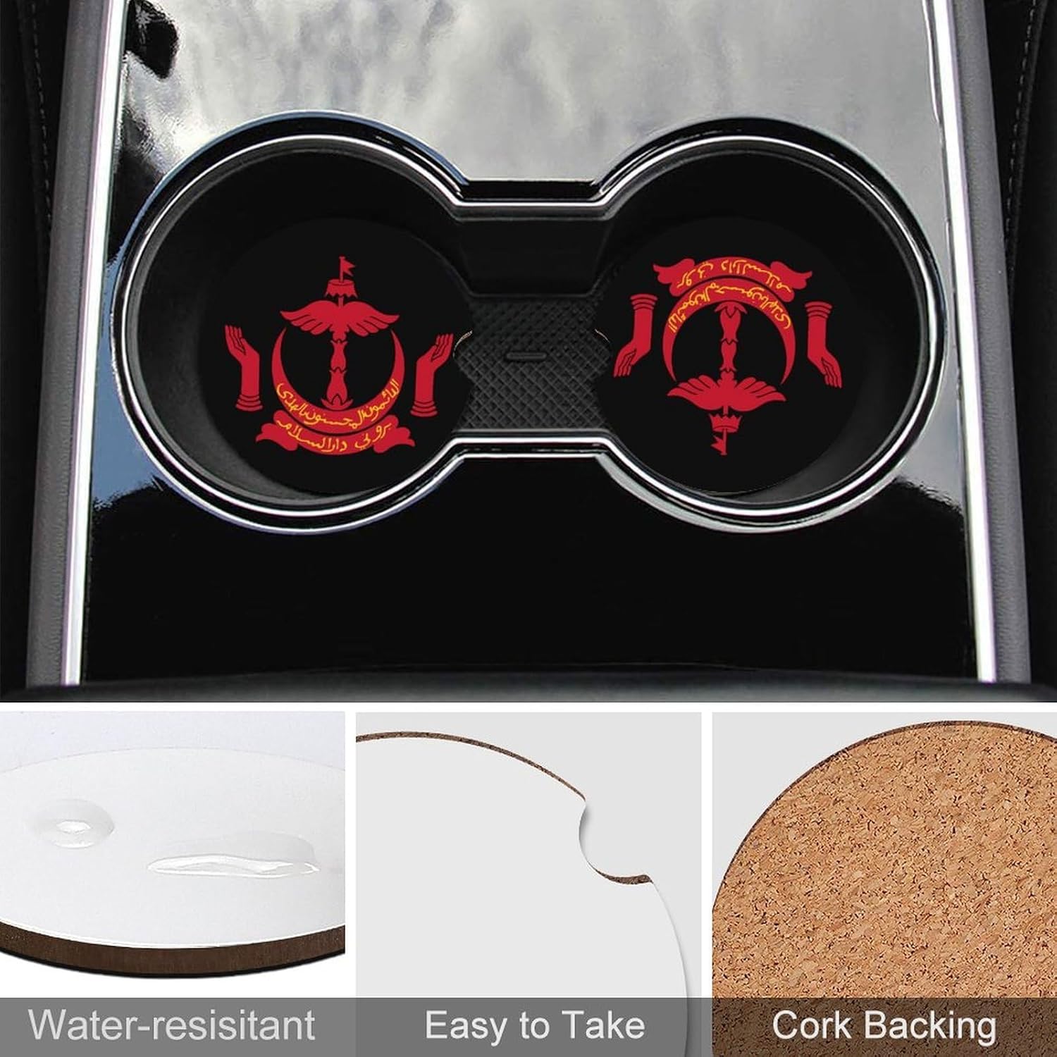 Emblem of Brunei Cute Car Coasters 2.56 Inch Absorbent Cup Holder for Drinks Auto Interior Accessories