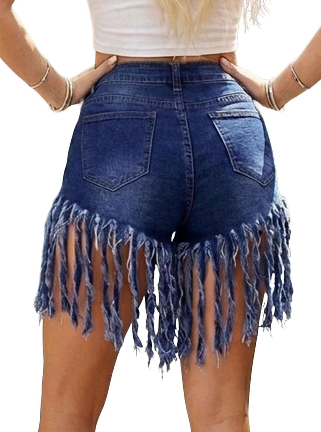 SOFIA'S CHOICE Women Fringe Denim Shorts High Waisted Ripped Jean Shorts Tassel Raw Hem Shorts with Pockets - Image 2