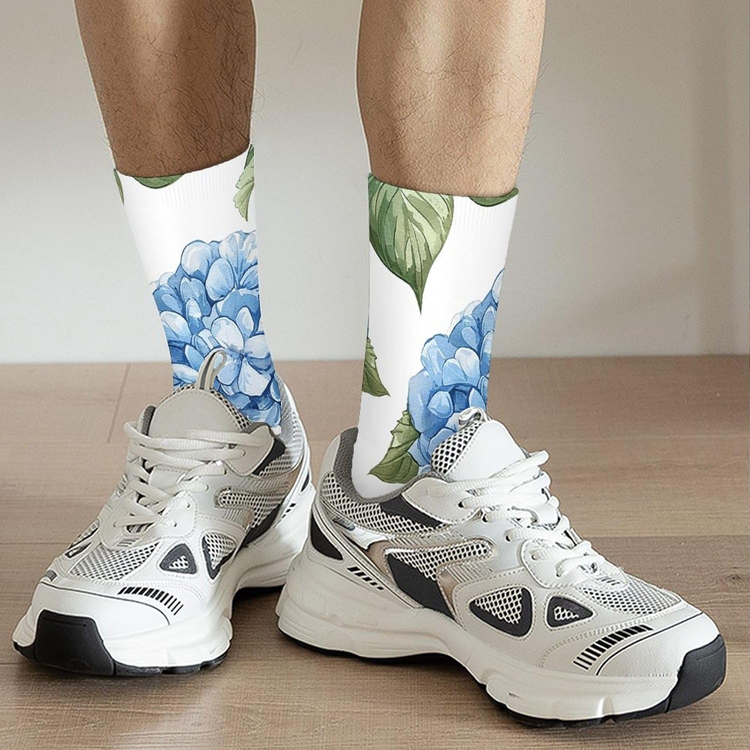 Breathable Sports Socks, Moisture Wicking, Lightweight Crew Socks | Blue Hydrangea Pattern Athletic Calf Socks for Women Men, Casual, Anti-Slip, Multifunctional Work Socks