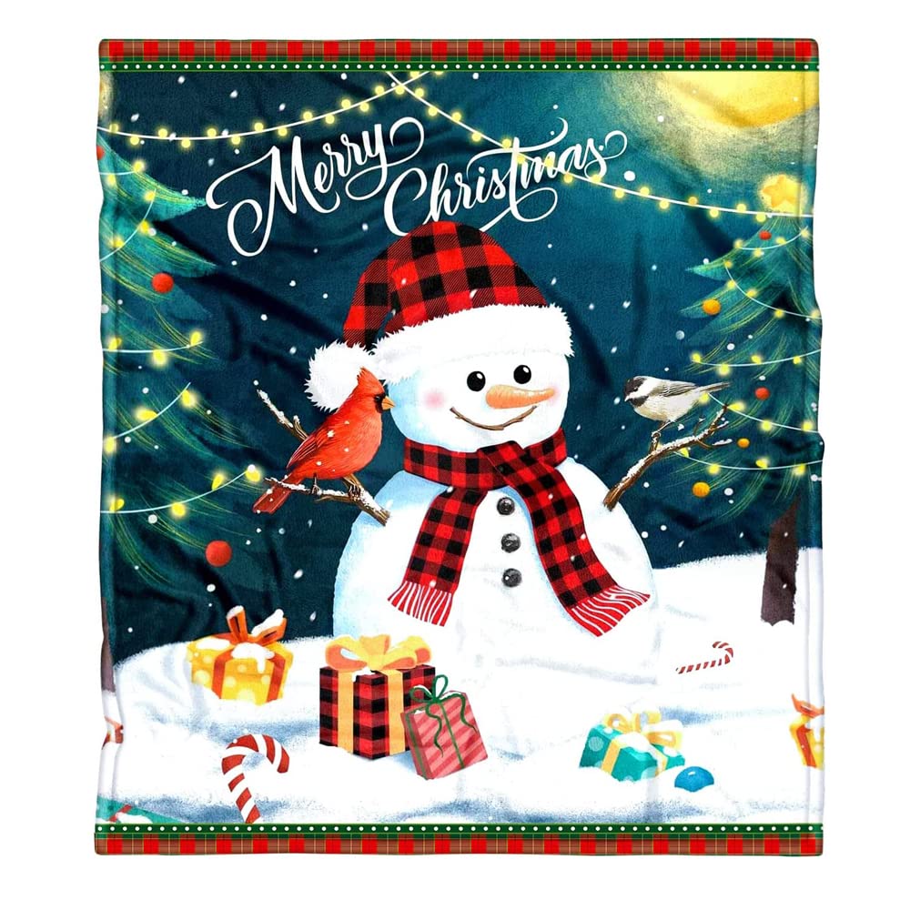 Merry Christmas Blanket Gift, Soft Warm Flannel Throw for Women, Cute Snowman Buffalo Plaid Holiday Sofa Bed Plush Decoration, Gifts for Women, Men, Mom, Dad, Family (50x60 Inches)