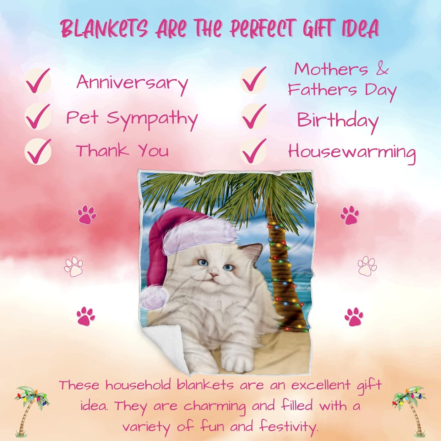 Doggie of the Day Ragdoll Cat Blanket - Christmas Summertime Beach - Super Soft & Warm Pet Theme for Sofa or Bed, Warm Fleece, Sherpa or Woven Material, BLNKT88016 (50x60 Woven)