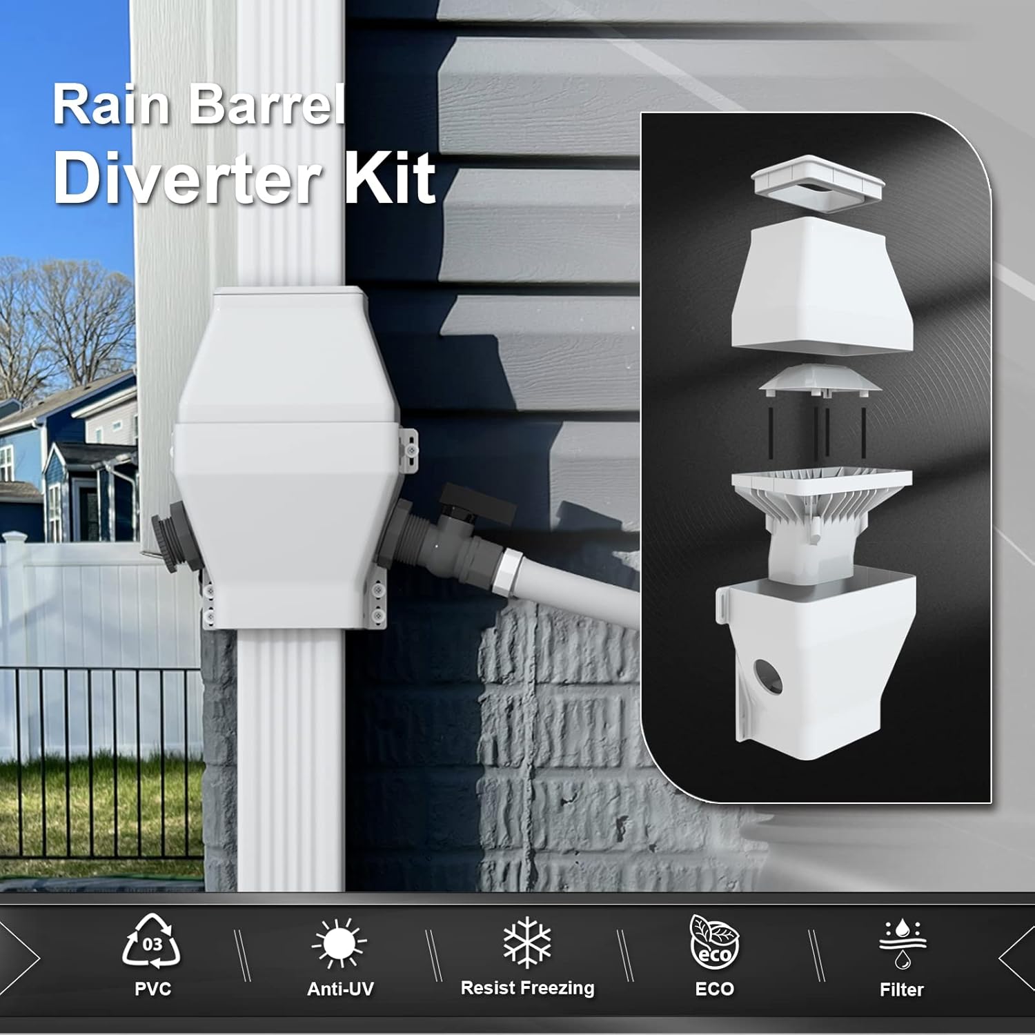 Rain Barrel Diverter Kit, Rainwater Collection System Fits for 2x3 or 3x4 Inch Downspout Diverter, Tintsabo Upgrade PVC Rain Water Diverter for Gutters with Filter and Spigot Kit (White)