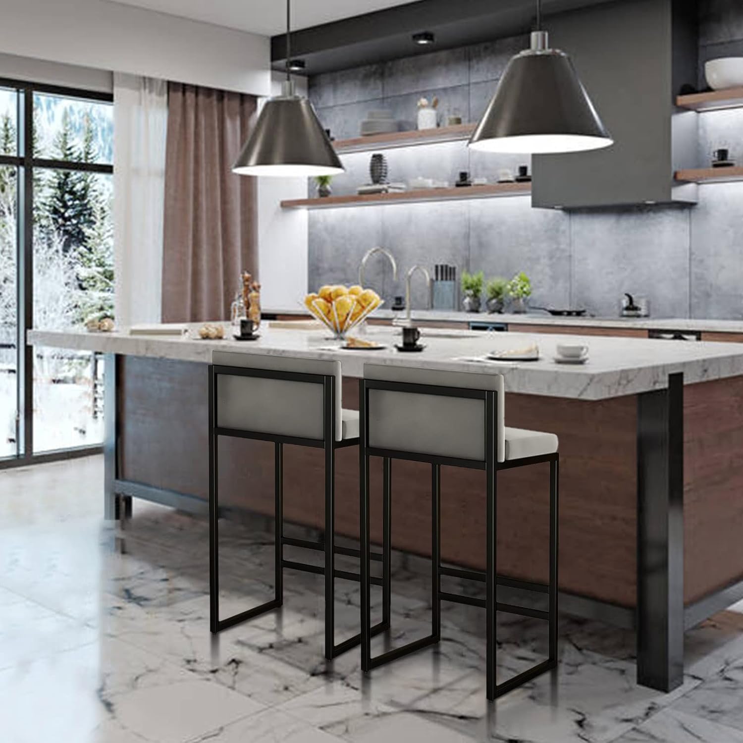 Counter Height Bar Stools Set of 4 Velvet Upholstered Counter Stools Modern Island Chairs with Low Back for Kitchen Island Grey + Black Sitting Height 65cm