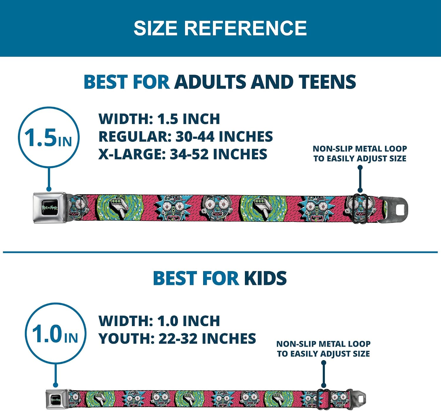 Buckle-Down Rick and Morty Belt, Seatbelt Buckle Belt, Rick and Morty Circuit Faces Portal Gun, Mens Womens Kids Adjustable