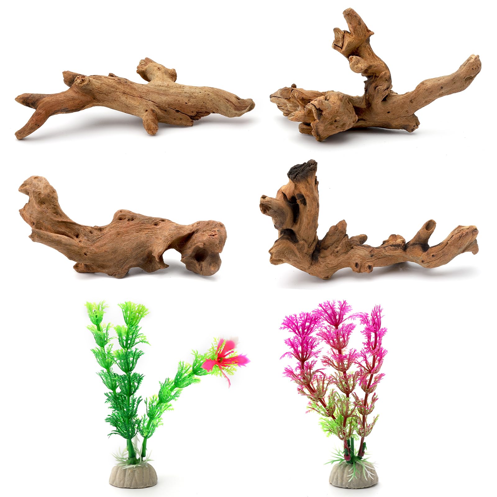 6 pezzi piccoli legni naturali e piante acquatiche simulate per acquari, legni naturali e rami, legno per acquari, decorazione di rami per bacini rettili, terrario (10-15 cm)