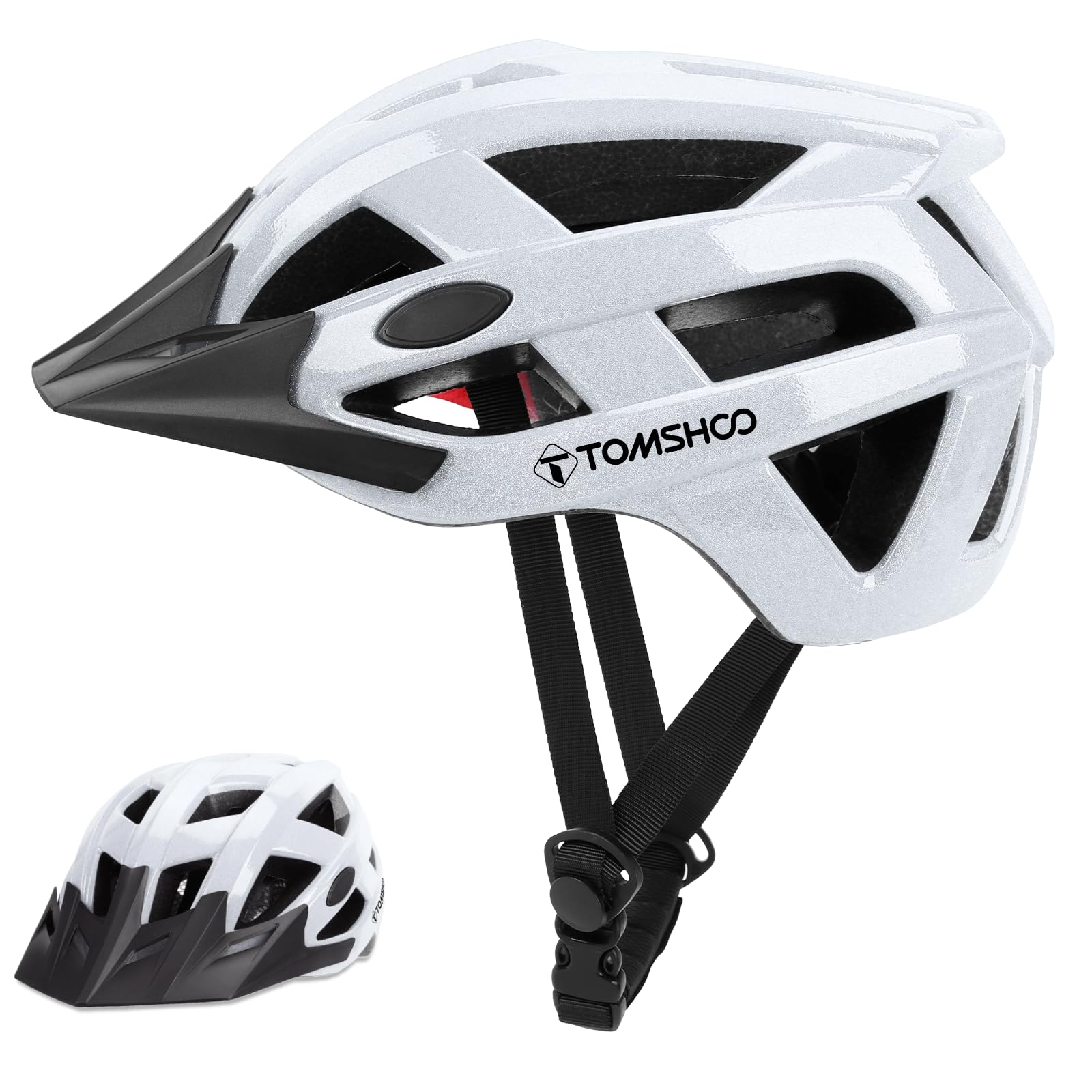 TOMSHOO Bike Helmets for Adults Lightweight Mountain Bike Helmet Adjustable Unisex Helmet with Removable Visor for Commuting and Outdoor Riding (Silver White)