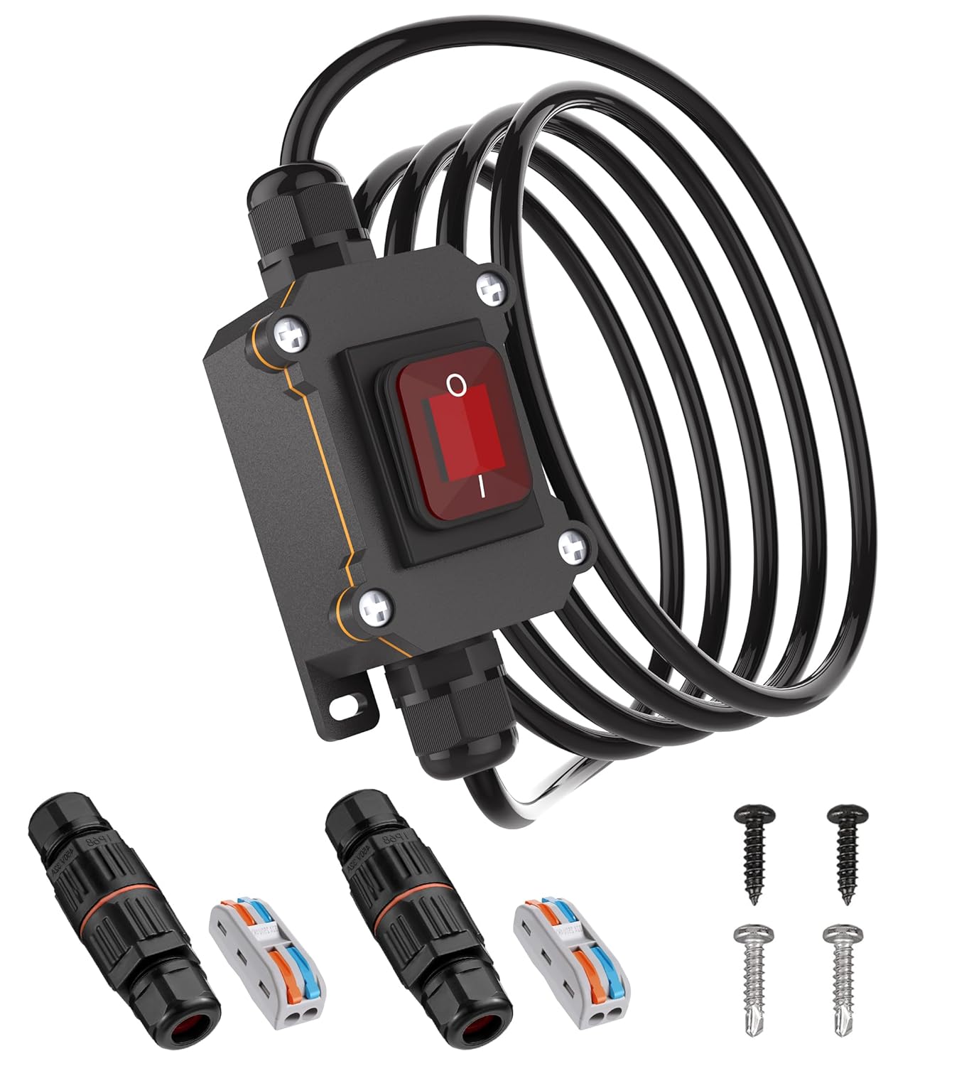 10FT 12V Inline Switch IP68 Waterproof, Outdoor On/Off Toggle Switch with Waterproof Junction Box, DC 12V-24V 20A On Off Switch 12 Volt Inline Cord Switch with Red LED Rocker Button