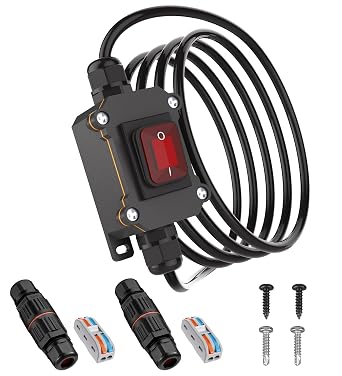 10FT 12V Inline Switch IP68 Waterproof, Outdoor On/Off Toggle Switch with Waterproof Junction Box, DC 12V-24V 20A On Off Switch 12 Volt Inline Cord Switch with Red LED Rocker Button
