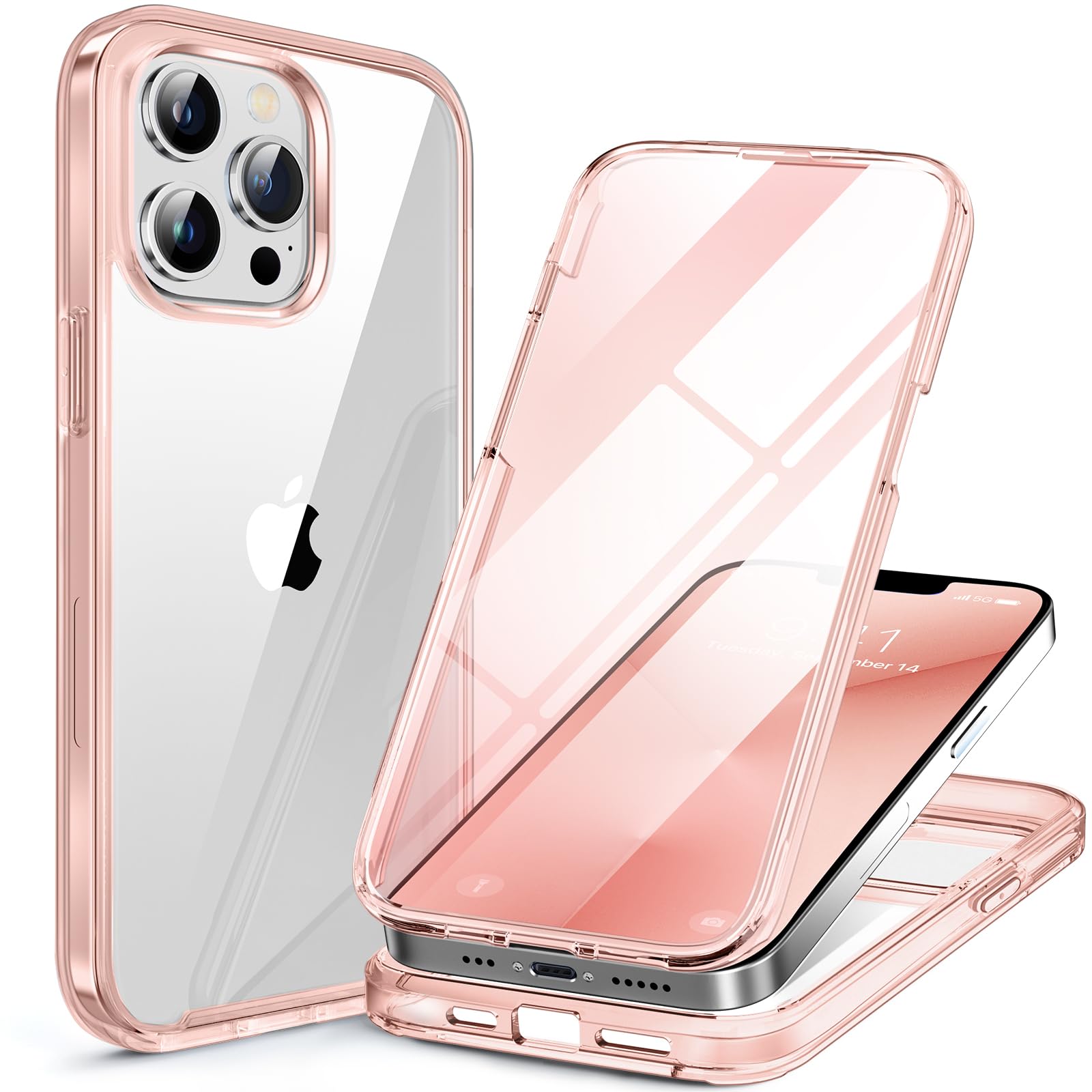 miracase Glass Case for iPhone 13 Pro Max 6.7 inch, Upgrade Full-Body Clear Bumper Case with Built-in 9H Tempered Glass Screen Protector for iPhone 13 Pro Max, Clear Pink