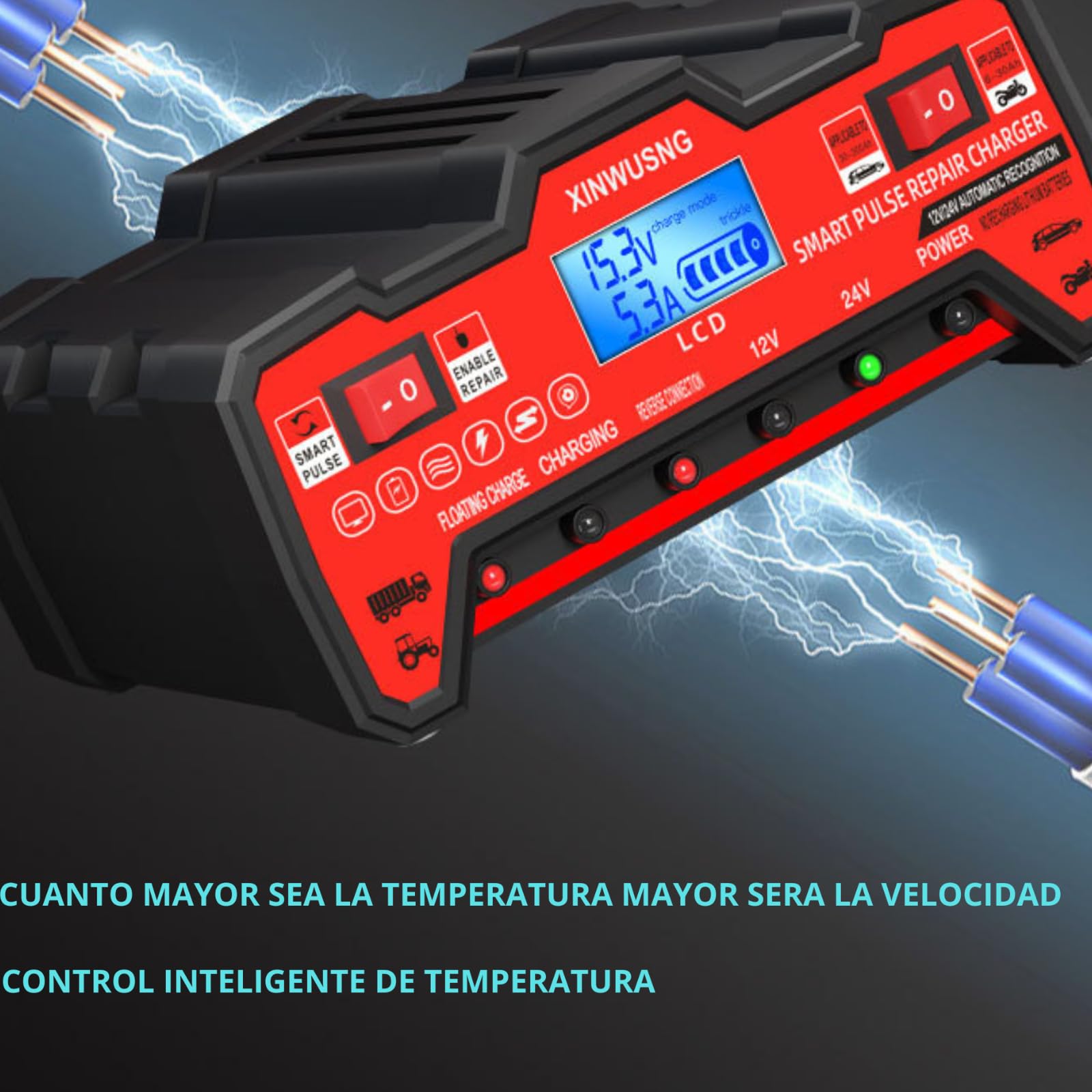 Cargador Baterías Coche- 12V/24V 900W Alta Potencia – para Coche,Moto,Tractor y camion – Compatible con Baterías de Plomo-Ácido, Reparación Inteligente por Pulso, LCD Digital -Cargador bateria Moto-