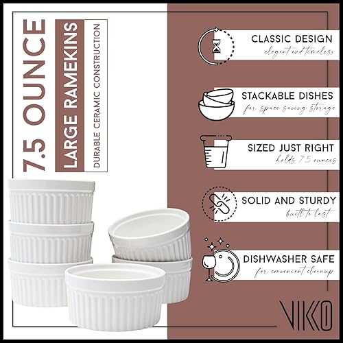 Miniatura 2 de Vikko Ramequin blanco, juego de 6 moldes de porcelana fina, cuencos apilables de 4 pulgadas, plato de inmersión de 7 onzas, apto para lavavajillas