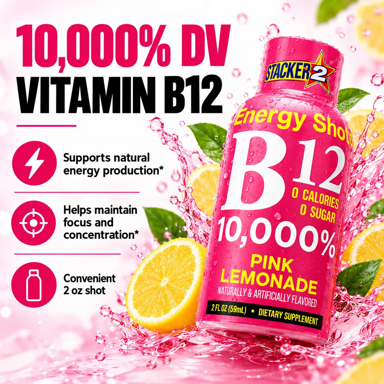 STACKER 2 B12 Energy Shots, Pink Lemonade, 12 Pack – 10,000% Daily Value Vitamin B12, Sugar Free, Zero Calories, Caffeine Energy Supplement, 2 fl oz Bottles — Amazon image 6