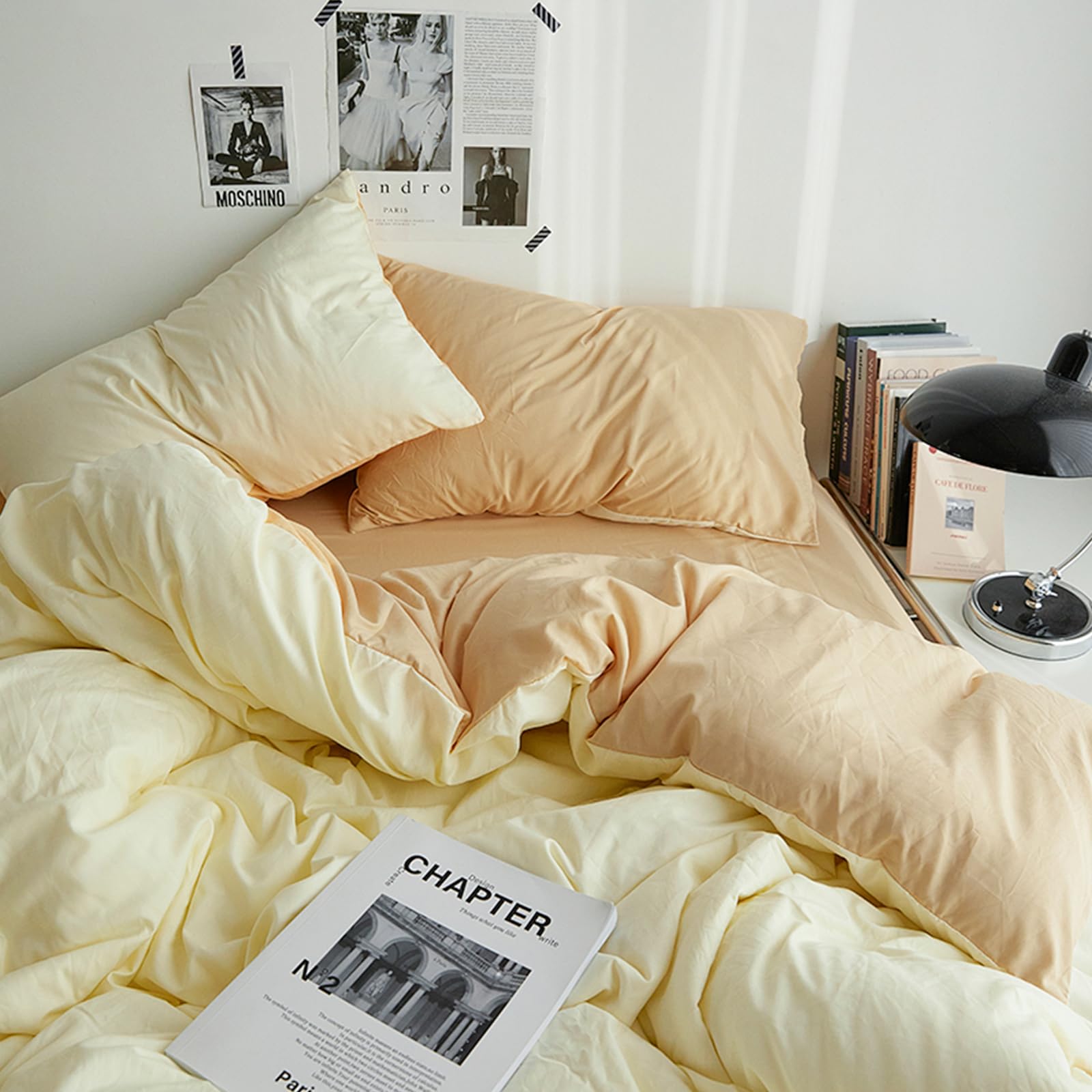 Duvet Cover Set King Size 4 Pcs, Include 1 Quilt Cover 220 x 240cm & 2 Pillow Cases 48 x 74cm & 1 Bedsheet 245 x 265cm, Super Soft Washed Cotton Bedding Set, Excluding Cotton - Milk Tea Cheese